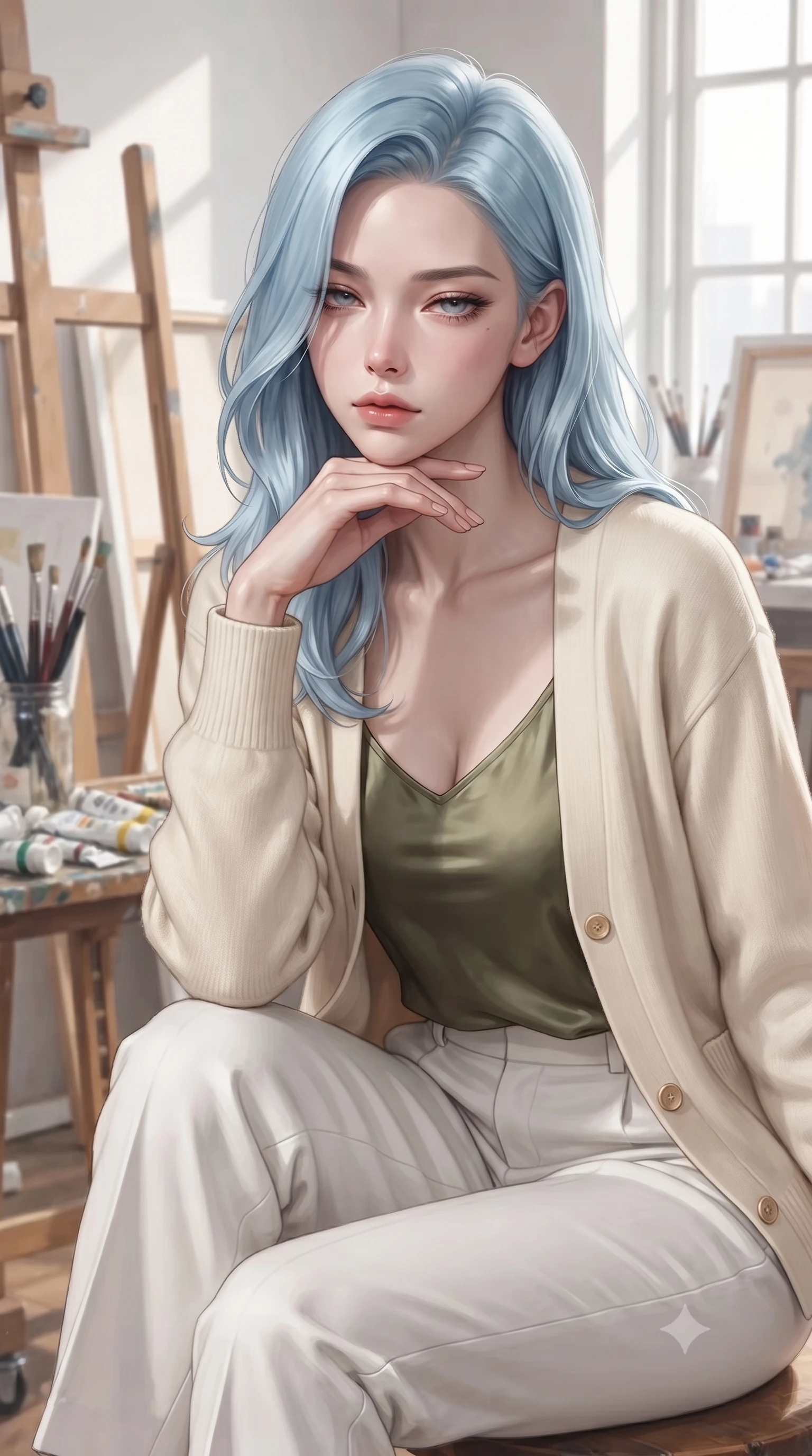 score_9, masterpiece, best quality, ultra-detailed, high-budget anime keyframe, editorial fashion photography, tasteful artistic composition, Korean woman woman. close-up cowboy shot from the waist and thighs up, the character dominates the composition, filling the frame with her large presence, background elements kept in soft focus. resting her chin on the backs of her fingers, casting a heavy-lidded, sultry look past the camera the background shows a soft-focus an artist's loft studio filled with canvases, paint brushes, and easel near a large window. She has an exceptionally elegant, slender, and willowy female figure with an ultra-slim waist, a gracefully sculpted slender torso, and a refined silhouette. sharp v-shaped jawline, high-bridge nose, intricate jewel-like eyes with depth, thick eyelashes, glossy lips with a natural sheen. wearing a tailored cozy cream cardigan worn over an olive green silk camisole and tailored white trousers. crisp North daylight casting soft, consistent lighting over the workspace. ultra-reflective glossy finish, specular highlights, metallic sheen, high-contrast stereoscopic depth, volumetric dynamic lighting, 2k, ultra detail, master piece, 9:16 ratio