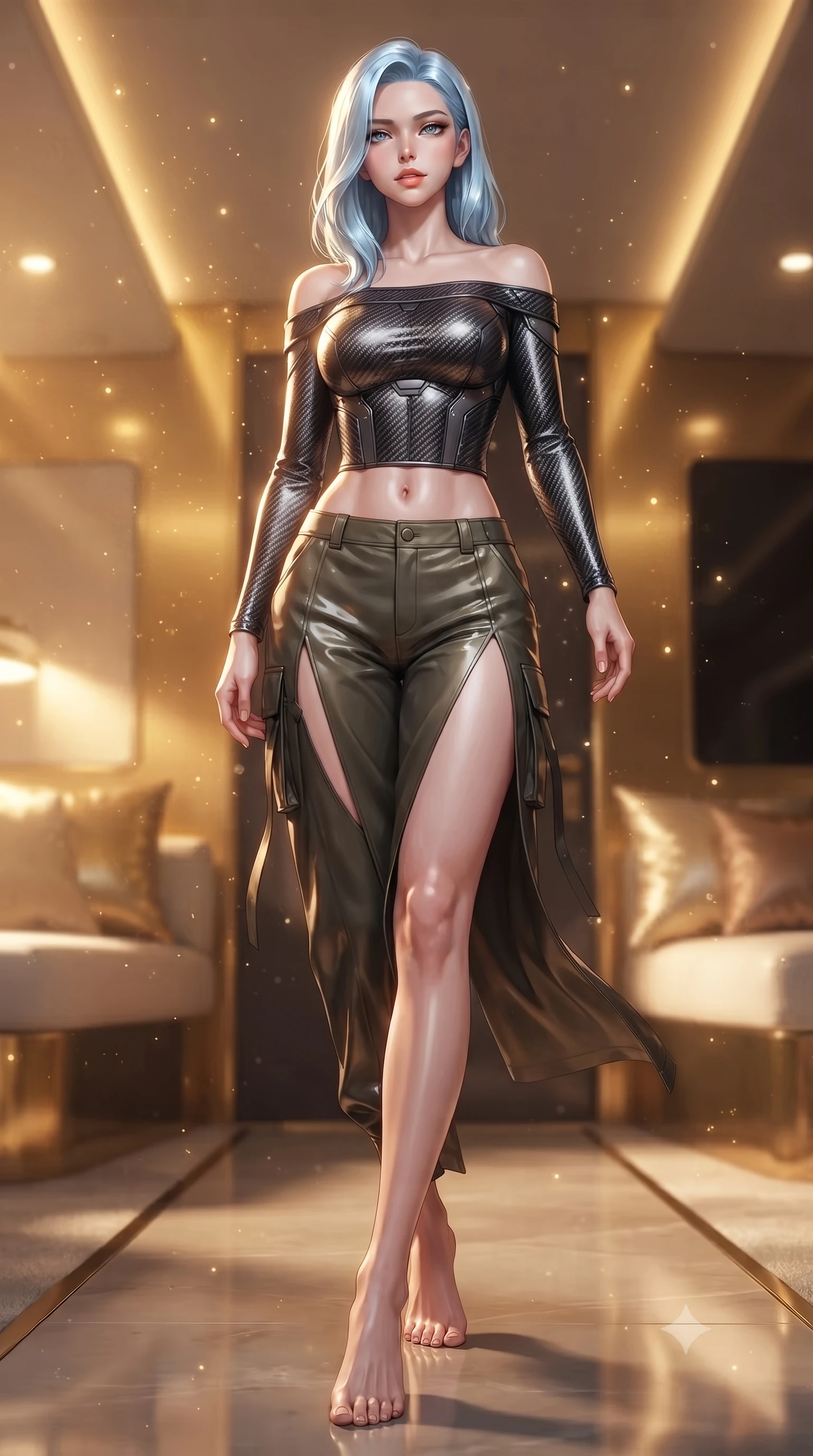 score_9, masterpiece, best quality, ultra-detailed, high-budget anime keyframe, editorial fashion photography, tasteful artistic composition, Korean woman. low angle full-body shot from head to toe showing her feet, filling the entire 9:16 vertical frame with her statuesque presence, stretching her vertical silhouette. stepping gracefully through floating stardust particles, her body-contouring suit showing her athletic, slender silhouette, the background shows a soft-focus a private cabin aboard a solar yacht with gold-plated walls and silk cushions. She has an absolutely perfect, statuesque 8.5-heads proportion, an exceptionally tall and slender model-like female figure with impossibly long slender legs and an ultra-slim waist. sharp v-shaped jawline, high-bridge nose, intricate jewel-like eyes with depth, thick eyelashes, glossy lips with a natural sheen. wearing a slim-fit off-shoulder carbon-fiber armor top paired with high-slit tactical cargo pants, showing her delicately sculpted midriff. warm golden light from reading consoles casting cozy, intimate shadows. ultra-reflective glossy finish, specular highlights, metallic sheen, high-contrast stereoscopic depth, volumetric dynamic lighting, 2k, ultra detail, master piece, 9:16 ratio