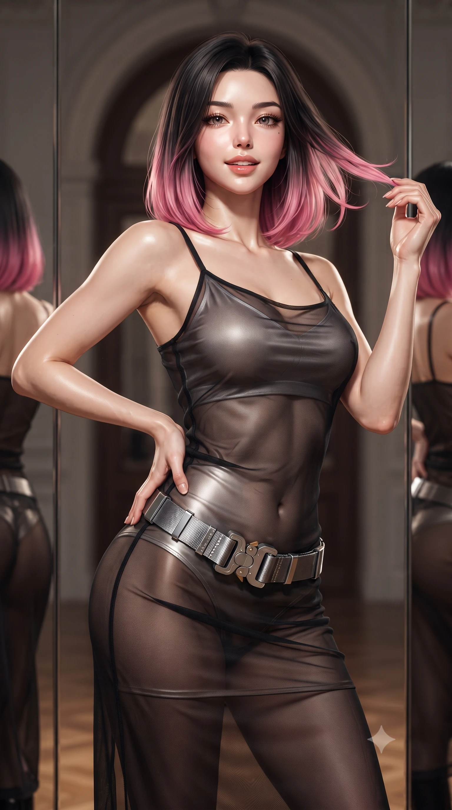 score_9, masterpiece, best quality, ultra-detailed, high-budget anime keyframe, editorial fashion photography, tasteful artistic composition, Korean woman. close-up cowboy shot from the waist and thighs up, the character dominates the composition, filling the frame with her large presence. twisting her slender torso in an alluring contrapposto stance, one hand resting on her sculpted hip while her fingers toy with her hair with effortless poise while twisting her slender torso in an alluring S-curve, mirrored walls reflecting her sculpted flat midriff, narrow waist, and curvaceous hips. The background shows a soft-focus monumental arched palace doorways softened in grand historical shallow focus. She has an exceptionally elegant, slender, and willowy female figure with an ultra-slim waist, flat toned midriff, narrow ribcage, and sculpted feminine hips creating an alluring, slim hourglass silhouette without bulk. sharp v-shaped jawline, high-bridge nose, sparkling eyes with hypnotic seductive depth, thick curled eyelashes, glossy parted lips with a natural dewy peach sheen, alluring bedroom-eyes with an enchanting coquettish smile, exuding magnetic siren charisma and sophisticated glamour, flawlessly proportioned anatomical accuracy, strict slender model proportions, natural body alignment, perfectly sculpted long slender limbs, ultra-slim waistline, clean dynamic posture without body distortion. wearing a sheer black tactical gauze slip dress worn over a liquid satin undergarment, hugging her flat midriff and hips in pure pearl alabaster with liquid platinum sheen, made of semi-opaque stretch illusion mesh with soft shadowy contours, accented with a quick-release tactical chrome buckle harness resting snugly across her hips, the second-skin tailored fabric adhering flawlessly to her sculpted flat midriff and slender torso, emphasizing her long leg lines and perfectly proportioned willowy build. illuminated by polished parquet bounce and sharp golden rim lighting sculpting her jawline, flat midriff, and voluptuous hip curves. ultra-reflective glossy finish, specular highlights, rich textural contrasts, high-contrast stereoscopic depth, volumetric dynamic lighting, 2k, ultra detail, master piece, 9:16 ratio