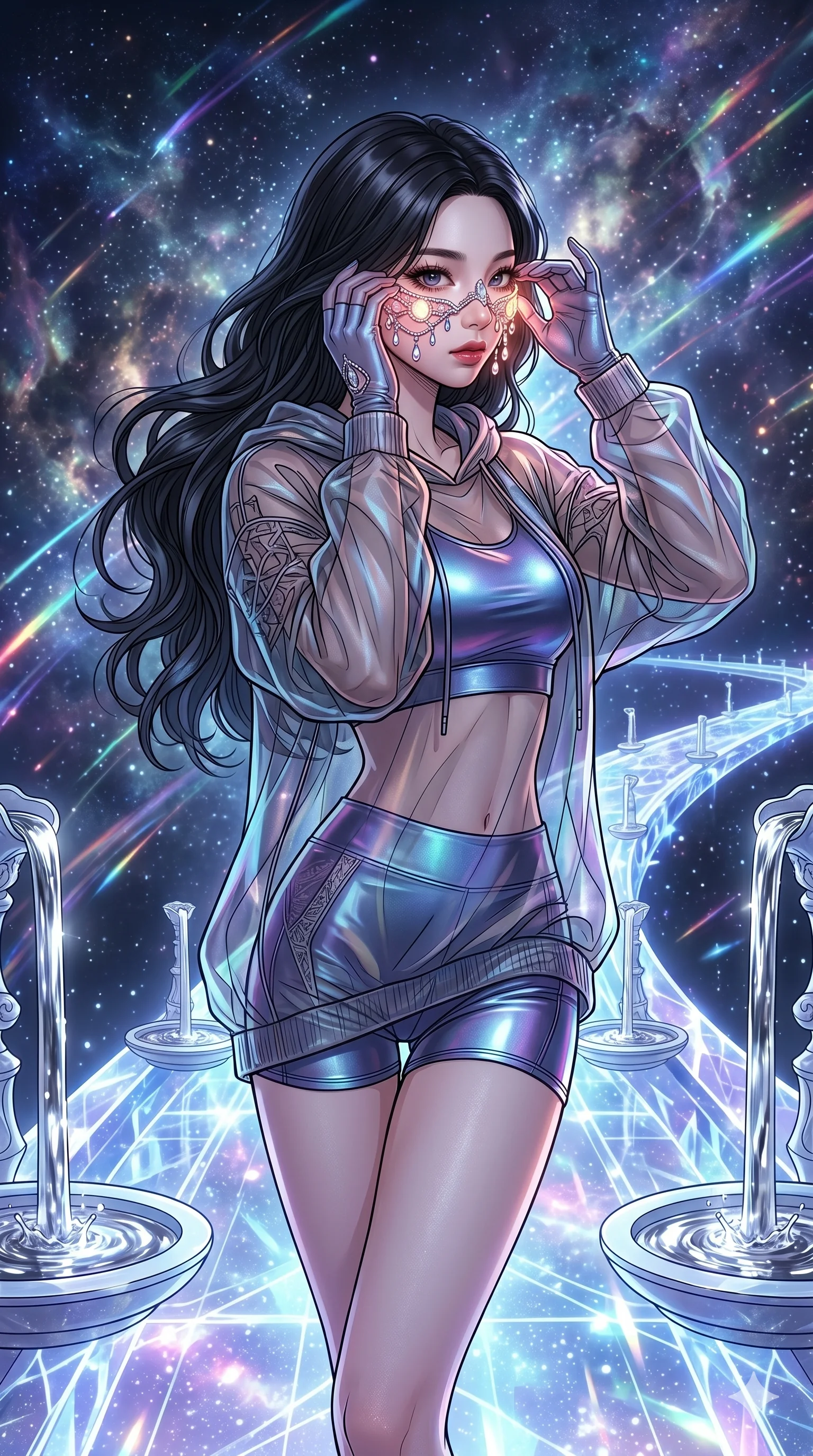 score_9, masterpiece, best quality, ultra-detailed, high-budget anime movie keyframe, cinematic anime lighting, intricate line art, Korean woman. Medium shot of upper body capturing the intricate details of her high-fashion attire. adjusting a glowing mask in a celestial bridge made of light with liquid mercury fountains. She has an absolutely perfect 8-heads proportion, an exceptionally tall and slender female figure with an ultra-slim waist and impossibly long slender legs. sharp v-shaped jawline, high-bridge nose, intricate jewel-like eyes, thick eyelashes, glossy lips. Wearing premium athleisure set with a metallic-finish compression top, high-cut yoga shorts that accentuate her long legs, and a sheer oversized hoodie. The scene is illuminated by dramatic atmospheric lighting and vibrant color palettes. , 2k, ultra detail, master piece, 9:16 ratio