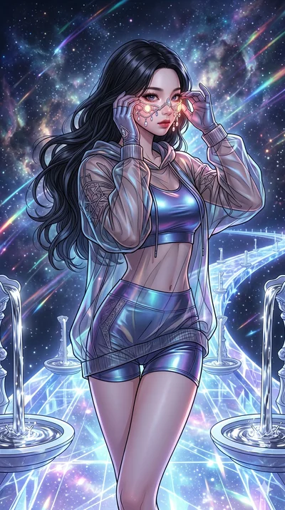 score_9, masterpiece, best quality, ultra-detailed, high-budget anime movie keyframe, cinematic anime lighting, intricate line art, Korean woman. Medium shot of upper body capturing the intricate details of her high-fashion attire. adjusting a glowin
