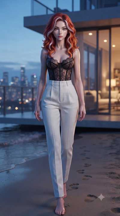 score_9, masterpiece, best quality, ultra-detailed, high-budget anime keyframe, editorial fashion photography, tasteful artistic composition, Caucasian woman woman. low angle full-body shot from head to toe showing her feet, filling the entire 9:16 v