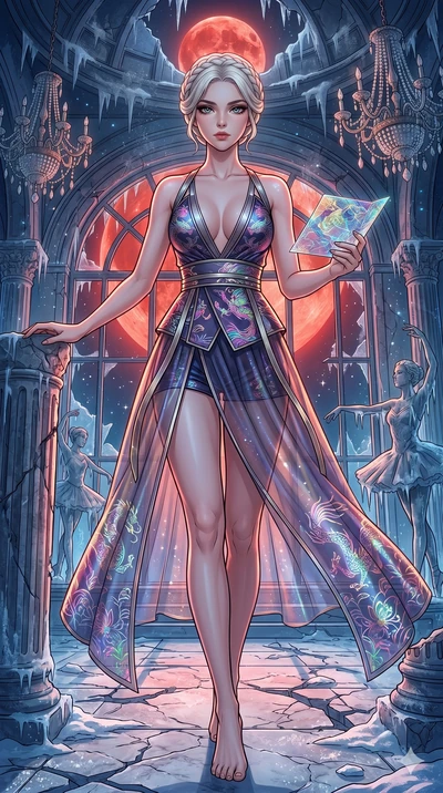 score_9, masterpiece, best quality, ultra-detailed, high-budget anime movie keyframe, cinematic anime lighting, intricate line art, Caucasian (strictly human ears) woman. Low angle cowboy shot filling the entire 9:16 frame with her statuesque presenc