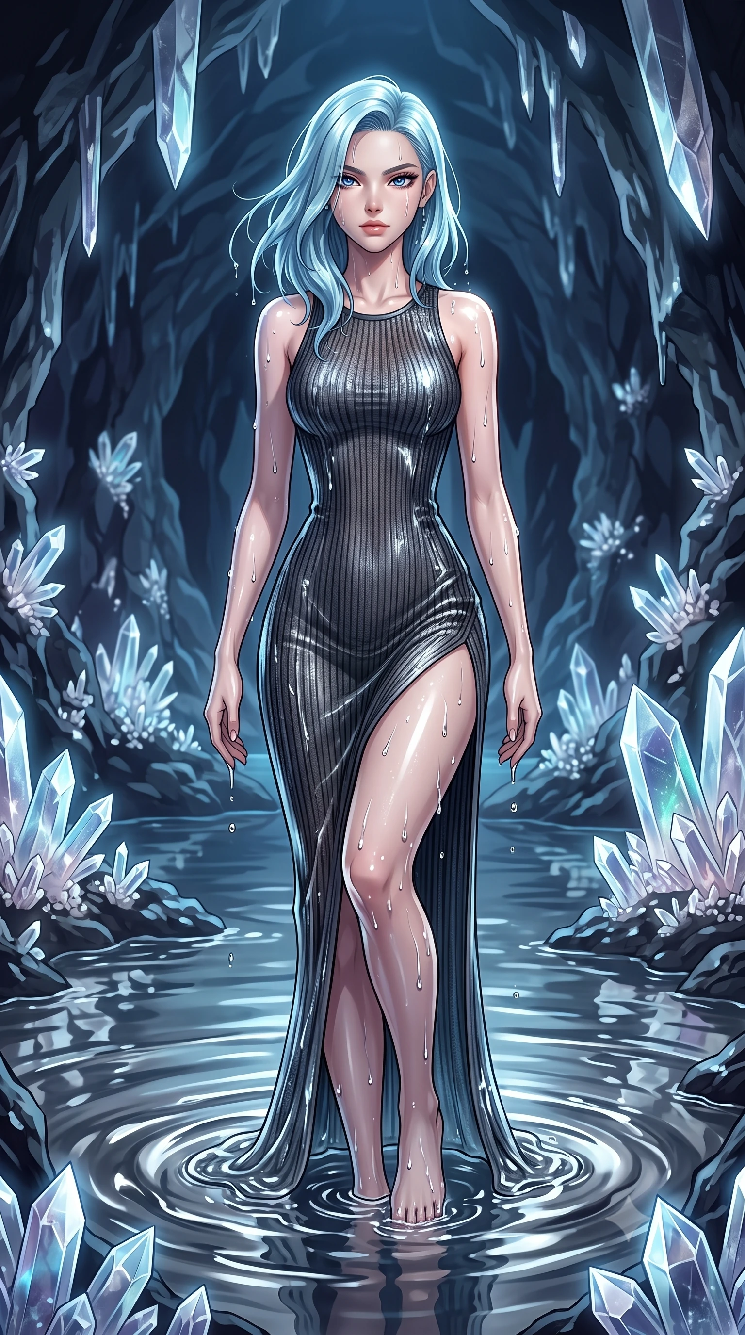 score_9, masterpiece, best quality, ultra-detailed, High-budget Anime Keyframe, East Asian woman. Dynamic full-body shot stretching the vertical silhouette to the limit. Scenario 330: rising from a pool of mercury-like liquid, droplets rolling off her skin, in an underground cave lined with glowing quartz crystals and deep pools. Her presence is magnetic and overpowering in this high-budget anime scene. Outfit 330: a slim-fit ribbed bodycon knit mesh with a thigh-high slit and wet-look texture. The clothing is designed to emphasize her exceptionally tall and slender 8-heads proportion. 8-heads proportion, towering silhouette, ultra-slim waist. sharp v-shaped jawline, intricate jewel-like eyes with depth, thick eyelashes, glossy lips. 2k, ultra detail, master piece, 9:16 ratio