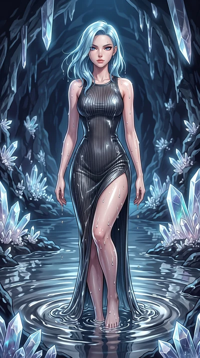 score_9, masterpiece, best quality, ultra-detailed, High-budget Anime Keyframe, East Asian woman. Dynamic full-body shot stretching the vertical silhouette to the limit. Scenario 330: rising from a pool of mercury-like liquid, droplets rolling off he