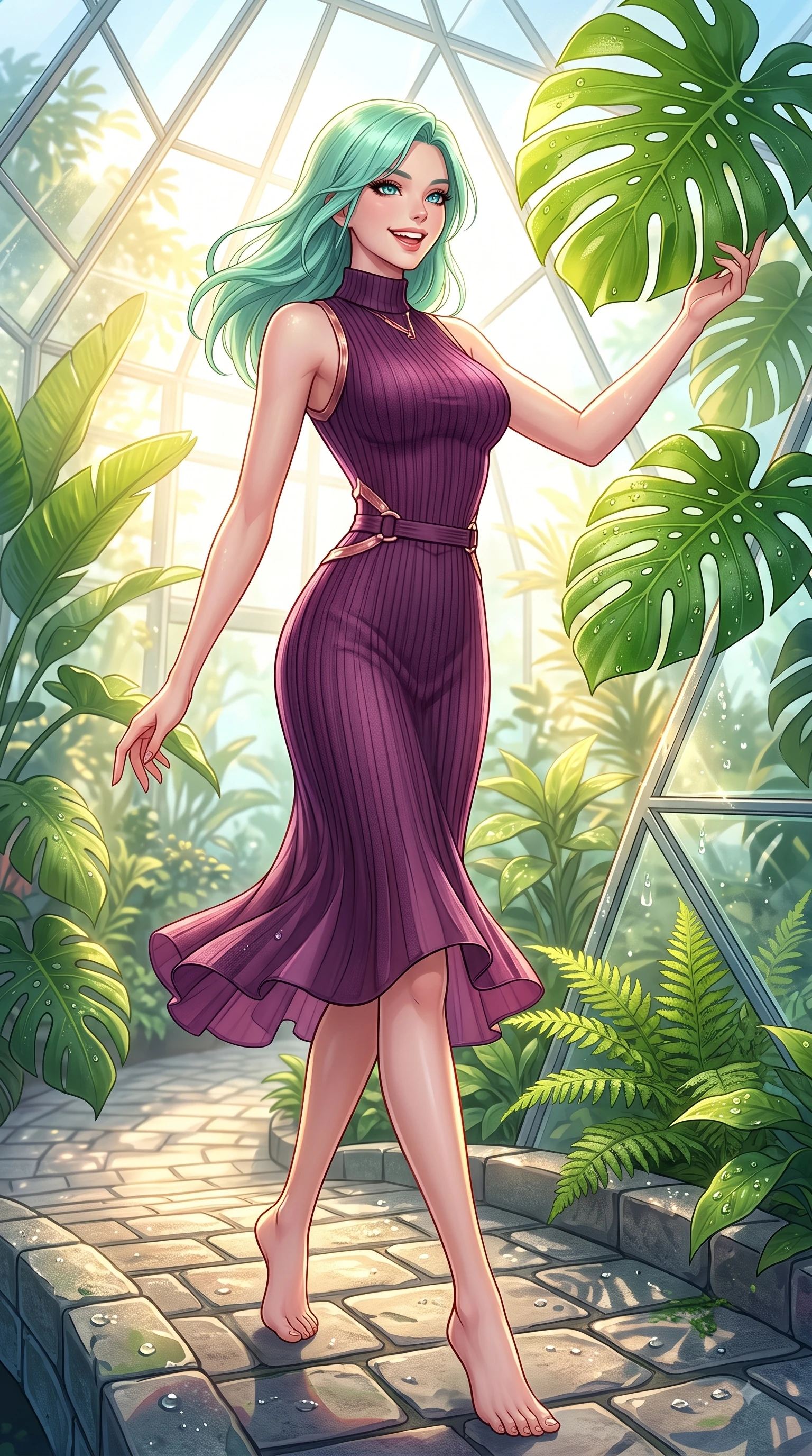 score_9, masterpiece, best quality, ultra-detailed, high-budget anime keyframe, editorial fashion photography, tasteful artistic composition, Japanese woman. low angle full-body shot from head to toe showing her feet, filling the entire 9:16 vertical frame with her statuesque presence, stretching her vertical silhouette. pivoting dynamically with a fresh infectious smile, her ultra-slim waist creating a sweeping fluid curve while reaching one arm out cheerfully to touch a sun-lit green leaf with a delightful smile. The surrounding environment is rendered in vivid detail and crisp panoramic clarity. dewdrops on Monstera leaves, stone bridge details, and clear glass geometric panels in crisp resolution. She has an absolutely perfect, statuesque 8.5-heads proportion, an exceptionally tall and slender model-like female figure with impossibly long slender legs and an ultra-slim waist. sharp v-shaped jawline, high-bridge nose, intricate jewel-like eyes with depth, thick eyelashes, glossy lips with a natural sheen, flawlessly proportioned anatomical accuracy, natural body alignment, perfectly sculpted elegant limbs, clean dynamic posture without body distortion. wearing a high-neck sleeveless ribbed knit dress following her statuesque figure like a glove in rich plum purple and rose gold, crafted from lightweight fluid chiffon, accented with subtle metallic ring hardware framing her waist, the tailored fabric tightly following every curve of her athletic build. bathed in brilliant golden sunlight filtering through conservatory glass panes. highly saturated vibrant anime colors, detailed shading with soft gradients, rich glossy textures, high-contrast stereoscopic depth, volumetric dynamic lighting, master piece, 9:16 ratio