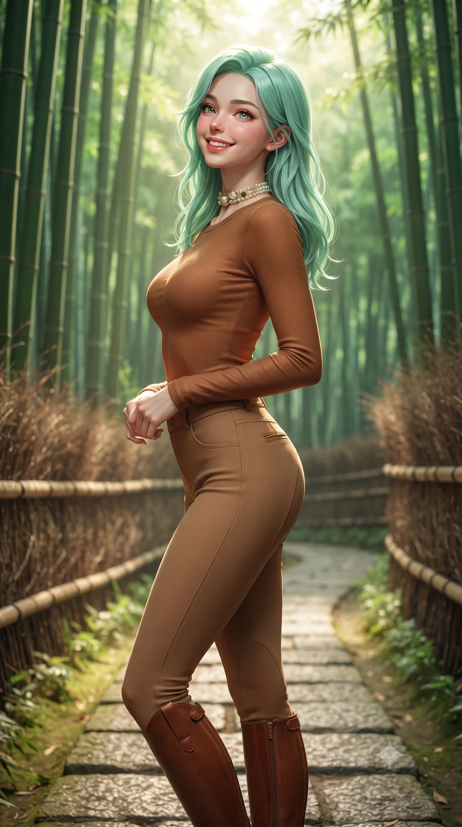 score_9, masterpiece, best quality, ultra-detailed, high-budget anime keyframe, editorial fashion photography, tasteful artistic composition, Japanese woman. close-up cowboy shot from the waist and thighs up, the character dominates the composition, filling the frame with her large presence. turning in an alluring three-quarter profile with head tilted, her glossy parted lips and jewel-like eyes catching the warm light while standing poised between towering emerald bamboo stalks, looking back along the stone pathway with an enchanting, radiant smile. The background shows a soft-focus soaring green bamboo culms stretching toward the canopy, filtered sunbeams (komorebi), and woven bamboo fences blurred into emerald, chartreuse, and jade bokeh. She has an exceptionally elegant, slender, and willowy female figure with an ultra-slim waist, flat toned midriff, narrow ribcage, and sculpted feminine hips creating an alluring, slim hourglass silhouette without bulk. sharp v-shaped jawline, high-bridge nose, intricate jewel-like sparkling eyes with depth, thick eyelashes, glossy parted lips with a natural peach sheen, bright cheerful beaming smile with an enchanting and coquettish sensual glint, exuding both youthful cute charm and seductive allure, flawlessly proportioned anatomical accuracy, strict slender model proportions, natural body alignment, perfectly sculpted long slender limbs, ultra-slim waistline, clean dynamic posture without body distortion. wearing a form-fitting equestrian stretch bodysuit paired with snug tailored riding breeches and polished knee-high leather boots in warm winter cinnamon and toasted caramel, made of high-gauge compact silk knit that hugs her curves with seamless sculpted precision, complemented by an antique baroque pearl choker accentuating her delicate neck and collarbones, the second-skin tailored fabric adhering flawlessly to her sculpted flat midriff and slender torso, emphasizing her long leg lines and perfectly proportioned willowy build. bathed in ethereal shafts of morning sunlight (komorebi) piercing through dense emerald bamboo canopies. ultra-reflective glossy finish, specular highlights, rich textural contrasts, high-contrast stereoscopic depth, volumetric dynamic lighting, 2k, ultra detail, master piece, 9:16 ratio