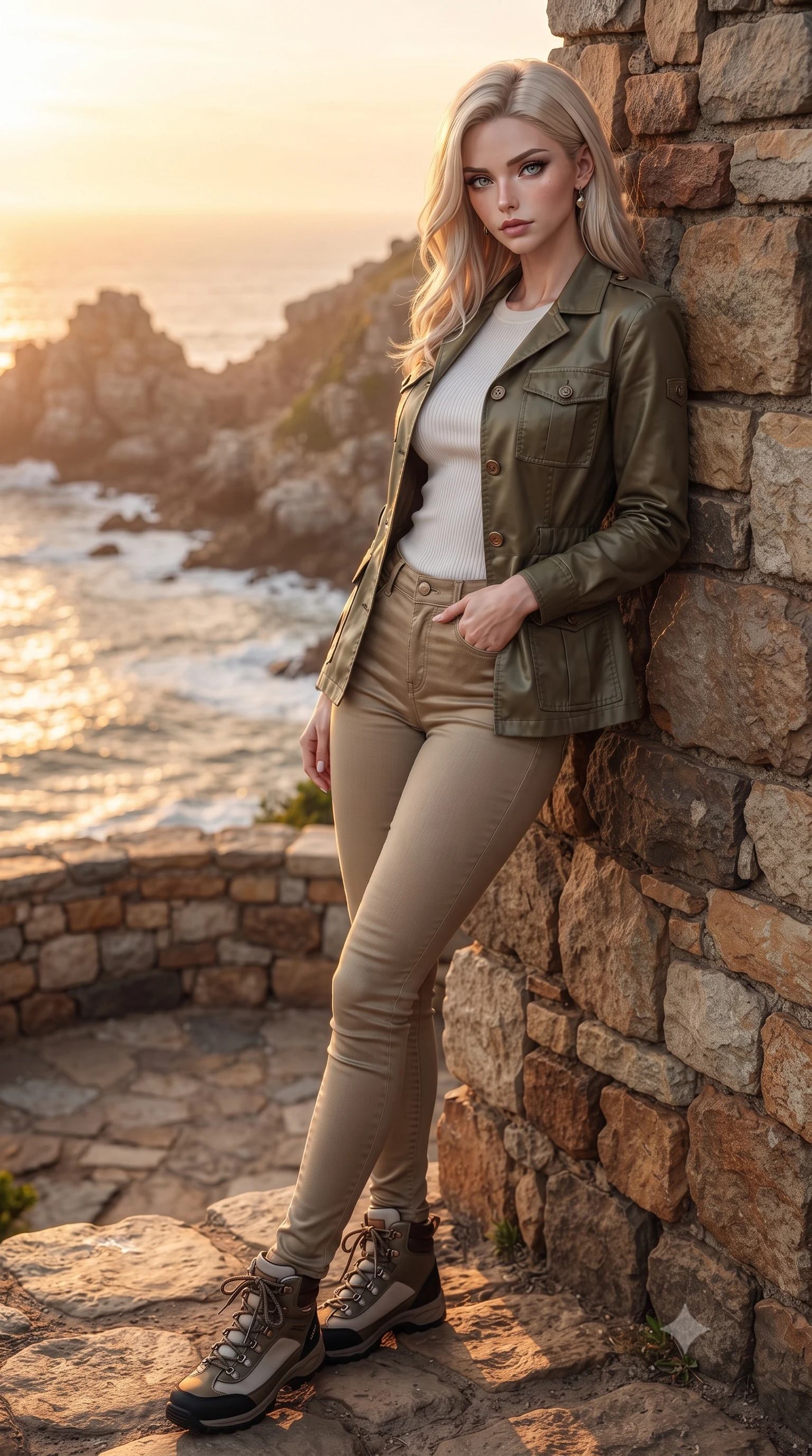 score_9, masterpiece, best quality, ultra-detailed, high-budget anime keyframe, editorial fashion photography, tasteful artistic composition, Caucasian woman woman. low angle full-body shot from head to toe showing her feet, filling the entire 9:16 vertical frame with her statuesque presence, stretching her vertical silhouette. leaning back against a rustic stone wall, casting a slow, alluring gaze at the camera the background shows a soft-focus a natural stone lookout platform facing a dramatic rocky bay with breaking waves. She has an absolutely perfect, statuesque 8.5-heads proportion, an exceptionally tall and slender model-like female figure with impossibly long slender legs and an ultra-slim waist. sharp v-shaped jawline, high-bridge nose, intricate jewel-like eyes with depth, thick eyelashes, glossy lips with a natural sheen. wearing a tailored tailored olive green safari jacket over a white crewneck top and khaki pants. the golden hour sunset creating a warm, majestic glow on the water. ultra-reflective glossy finish, specular highlights, metallic sheen, high-contrast stereoscopic depth, volumetric dynamic lighting, 2k, ultra detail, master piece, 9:16 ratio