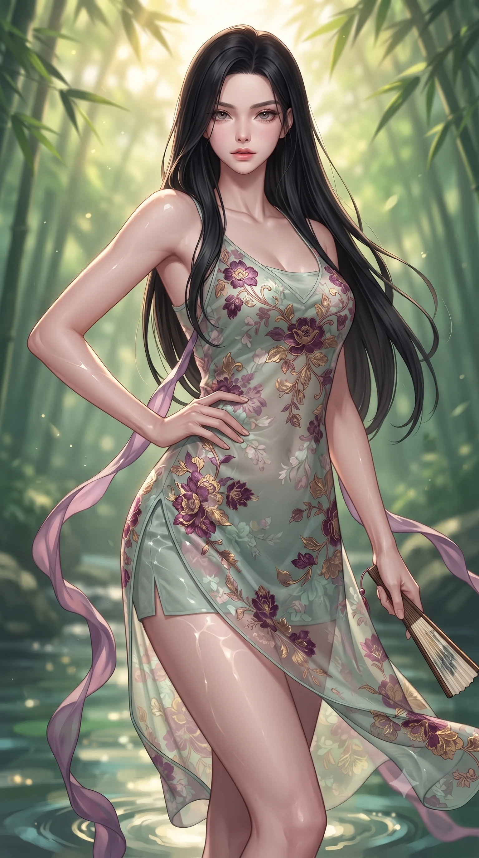 score_9, masterpiece, best quality, ultra-detailed, high-budget anime keyframe, editorial fashion photography, tasteful artistic composition, Korean woman. close-up cowboy shot from the waist and thighs up, the character dominates the composition, filling the frame with her large presence. twisting her slender torso in an alluring contrapposto stance, one hand resting on her sculpted hip while holding a traditional silk folding fan with effortless poise while twisting her slender torso in an alluring contrapposto stance, filtered sunbeams and water reflections dancing across her curvy hips and waist. The background shows a soft-focus soaring Damyang green bamboo canopies filtering dappled sunlight and rippling stream currents blurred into emerald, mint, and liquid gold bokeh. She has an exceptionally elegant, slender, and willowy female figure with an ultra-slim waist, flat toned midriff, narrow ribcage, and sculpted feminine hips creating an alluring, slim hourglass silhouette without bulk. sharp v-shaped jawline, high-bridge nose, intricate jewel-like dark sparkling almond eyes with depth, thick lashes, glossy parted lips with a natural rose-plum sheen, bright alluring and coquettish smile with bedroom-eyes, exuding both timeless oriental elegance and sovereign high-fashion allure, flawlessly proportioned anatomical accuracy, strict slender model proportions, natural body alignment, perfectly sculpted long slender limbs, ultra-slim waistline, clean dynamic posture without body distortion. wearing a delicate semi-sheer floral chiffon kaftan slip dress layered over a matching silk slip, accentuating her slender waist and hips in rich plum violet and gilded bronze embroidery, tailored from smooth celadon raw silk with natural organic slub texture, accented with flowing gossamer silk ribbons that flutter dynamically in the evening breeze, the precision-cut side hip slits and low-back scoop framing her graceful spine and the sensual sweep of her slim, toned hips. bathed in dappled golden morning sunbeams filtering through dense green bamboo leaves. ultra-reflective glossy finish, specular highlights, rich textural contrasts, high-contrast stereoscopic depth, volumetric dynamic lighting, 2k, ultra detail, master piece, 9:16 ratio