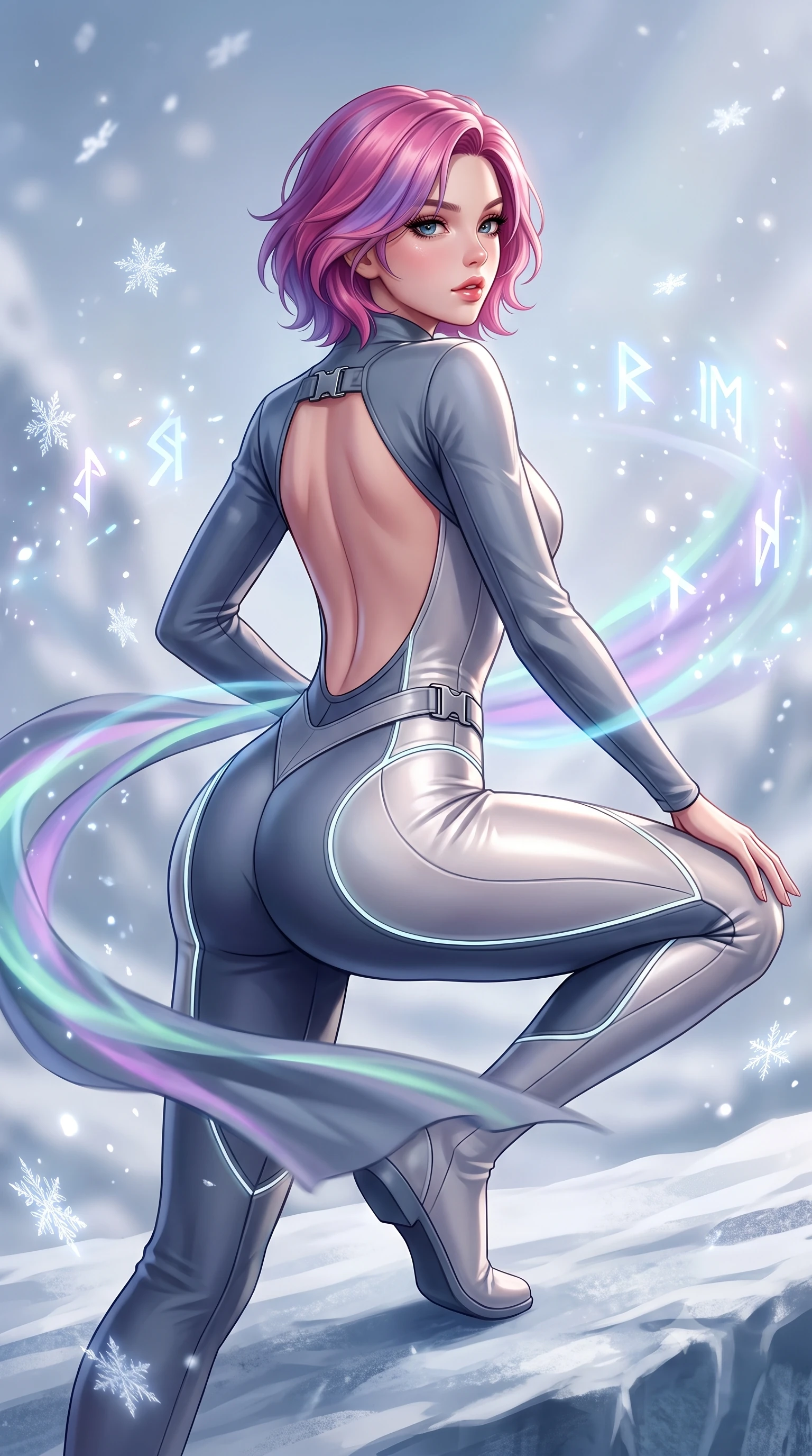score_9, masterpiece, best quality, ultra-detailed, high-budget anime keyframe, semi-realistic 3D game render, editorial fashion photography, tasteful artistic composition, Caucasian woman. low angle full-body shot from head to toe showing her feet, filling the entire 9:16 vertical frame with her statuesque presence, stretching her vertical silhouette. executing an elegant mid-motion pivot turn as garments swirl around her slender limbs, glancing over her shoulder with an intoxicating bedroom-gaze while crouching low in a kinetic warrior stance on the ice ridge, her athletic feminine curves and sculpted glutes highlighted by aurora ribbons. The composition keeps background elements in soft focus with creamy bokeh. drifting frost crystal flakes and holographic rune glyphs scattering radiant celestial light motes. She has an absolutely perfect, statuesque 8.5-heads proportion, an exceptionally tall and slender model-like female figure with impossibly long slender legs, a toned flat midriff, an ultra-slim waist, and beautifully sculpted feminine hips. sharp v-shaped jawline, high-bridge nose, intricate jewel-like eyes with depth, thick eyelashes, glossy parted lips with a natural sheen, intensely captivating and seductive bedroom-eyes expression, flawlessly proportioned anatomical accuracy, strict slender model proportions, natural body alignment, perfectly sculpted long slender limbs, ultra-slim waistline, clean dynamic posture without body distortion. wearing an undercover operative tailored backless evening catsuit with concealed gadget pockets in winter slate grey and pearl luster, tailored from water-resistant treated wool gabardine and flexible Kevlar, finished with quick-release titanium buckles and neon-reflective piping, the second-skin form-contouring cut accentuating her sculpted flat midriff, narrow waistline, and dramatically curvy hips without adding bulk. illuminated by crisp metallic specular reflections sharply defining her sculpted waist, bare spine, and curvy hips. highly saturated vibrant anime colors, detailed shading with soft gradients, rich glossy textures, high-contrast stereoscopic depth, volumetric dynamic lighting, master piece, 9:16 ratio