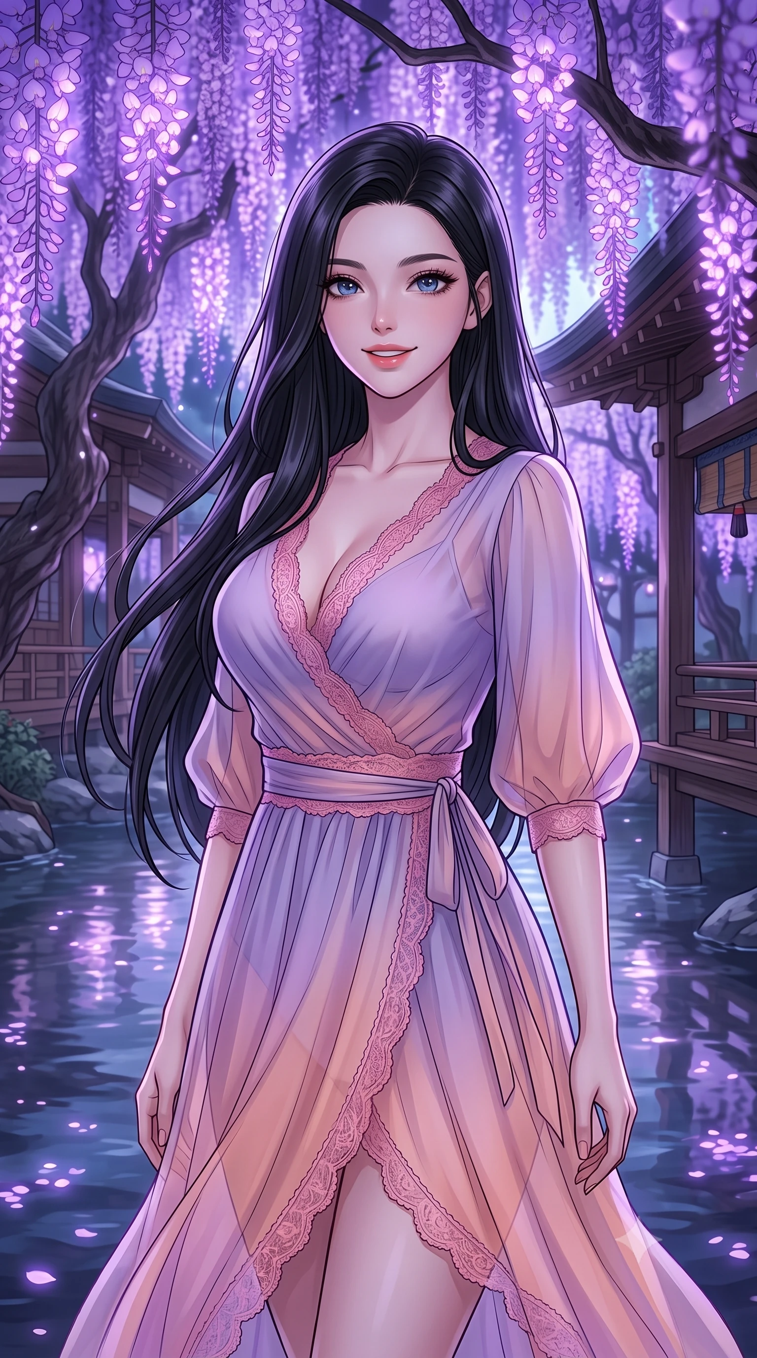 score_9, masterpiece, best quality, ultra-detailed, high-budget anime keyframe, editorial fashion photography, tasteful artistic composition, Korean woman. close-up cowboy shot from the waist and thighs up, the character dominates the composition, filling the frame with her large presence, background elements kept in soft focus. Gazing ahead with a happy, optimistic expression and a gentle smile. set against a soft-focus background of in a traditional wooden shrine courtyard surrounded by giant wisteria trees with glowing purple flowers hanging over a calm, reflecting river. She has an exceptionally elegant, slender, and willowy female figure with a highly-defined ultra-slim waist, a gracefully sculpted slender torso, and a refined slim-fit silhouette that contours her form. sharp v-shaped jawline, high-bridge nose, intricate jewel-like eyes with depth, thick eyelashes, glossy lips with a natural sheen. wearing a translucent chiffon wrap dress in a lavender-to-peach gradient, revealing her slender silhouette, detailed with pink lace. soft purple bioluminescent light from the flowers casting gentle reflections on the water and wooden structures. 2k, ultra detail, master piece, 9:16 ratio