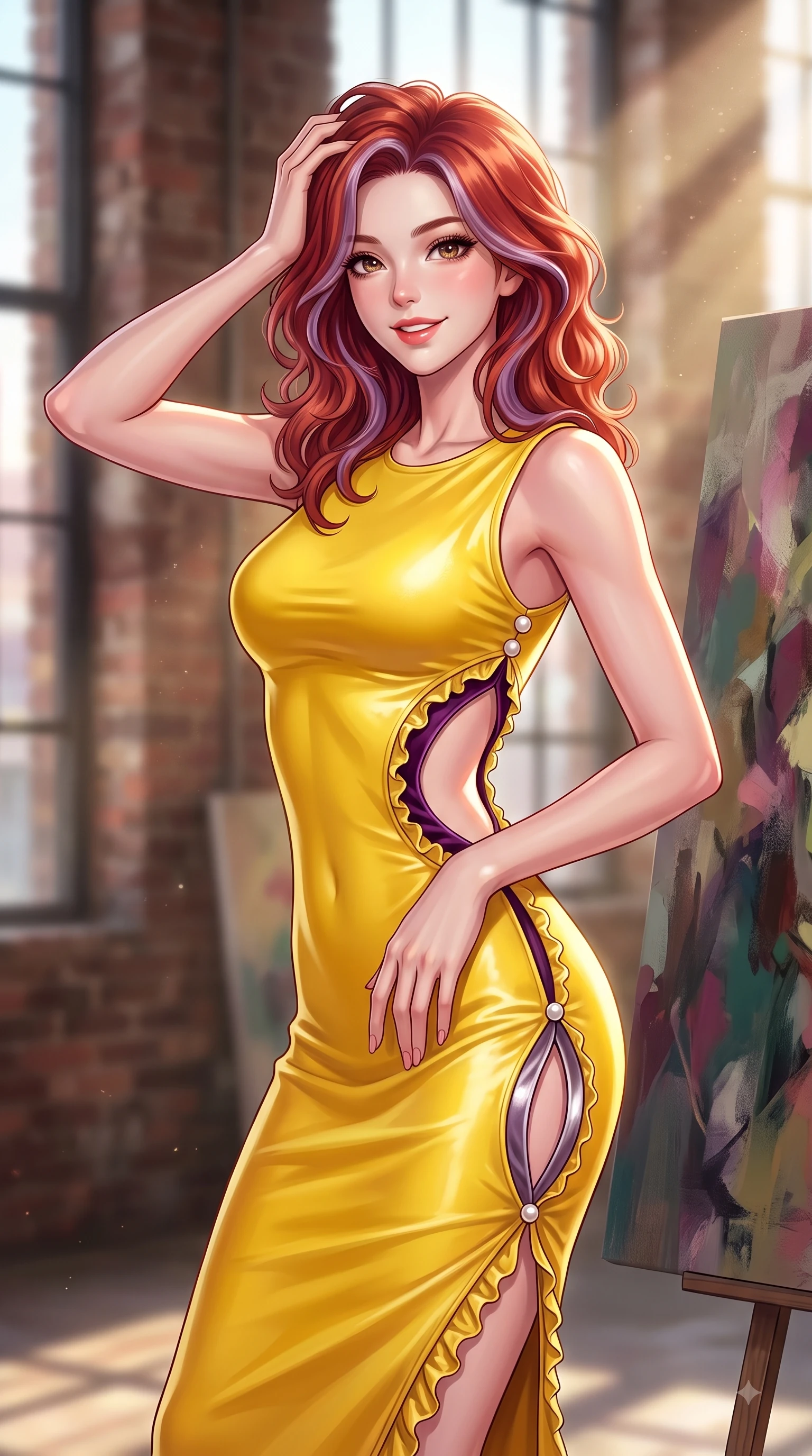 score_9, masterpiece, best quality, ultra-detailed, high-budget anime keyframe, editorial fashion photography, tasteful artistic composition, Caucasian woman. close-up cowboy shot from the waist and thighs up, the character dominates the composition, filling the frame with her large presence. Youthful cheerful smile exuding cute playful charm and radiant sparkle in her eyes while pausing dramatically near a large abstract oil painting with a magnetic editorial gaze. The composition keeps background elements in soft focus with dreamy bokeh. exposed brick textures and sunlit factory windows blurred in gentle background depth. She has an exceptionally elegant, slender, and willowy female figure with an ultra-slim waist, a gracefully sculpted slender torso, and a refined silhouette. sharp v-shaped jawline, high-bridge nose, intricate jewel-like eyes with depth, thick eyelashes, glossy lips with a natural sheen, flawlessly proportioned anatomical accuracy, natural body alignment, perfectly sculpted elegant limbs, clean dynamic posture without body distortion. wearing a sleek daffodil yellow sleeveless knit midi dress with subtle side cutouts in rich plum violet and metallic platinum, made of premium stretch velvet with a rich glossy sheen, accented with delicate pearl buttons and refined ruffle trims, the sleek second-skin fit accentuating her magnetic presence. bathed in warm volumetric sunbeams filtering through tall industrial windows. highly saturated vibrant anime colors, detailed shading with soft gradients, rich glossy textures, high-contrast stereoscopic depth, volumetric dynamic lighting, master piece, 9:16 ratio