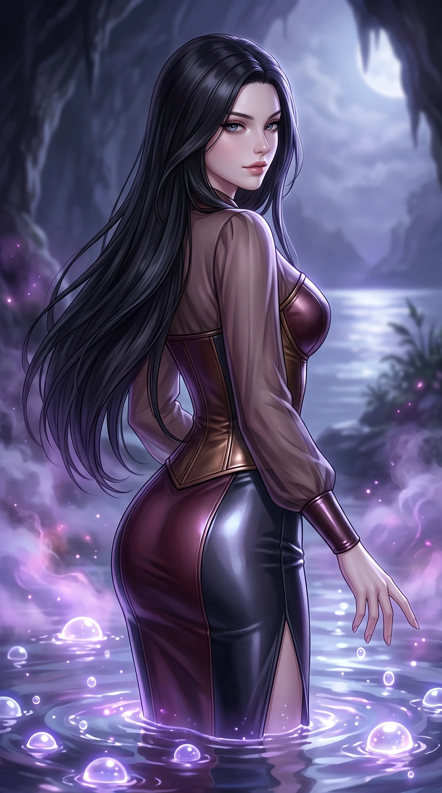 score_9, masterpiece, best quality, ultra-detailed, high-budget anime keyframe, editorial fashion photography, tasteful artistic composition, Korean woman. close-up cowboy shot from the waist and thighs up, the character dominates the composition, filling the frame with her large presence, background elements kept in soft focus. Casting a seductive sidelong gaze over her bare shoulder with heavy lashes and a composed half-smile while reaching one arm gently toward the water surface as bioluminescent bubbles cast pearl highlights, swirling thermal steam clouds scattering soft violet and magenta mineral light in mid-air. She has an exceptionally elegant, slender, and willowy female figure with an ultra-slim waist, a gracefully sculpted slender torso, and a refined silhouette. sharp v-shaped jawline, high-bridge nose, intricate jewel-like eyes with depth, thick eyelashes, glossy lips with a natural sheen, flawlessly proportioned anatomical accuracy, natural body alignment, perfectly sculpted elegant limbs, clean dynamic posture without body distortion. wearing a tailored leather bustier over a sheer silk chiffon blouse in deep burgundy and bronze, formed from sleek second-skin neoprene, finished with a sleek side slit ascending to mid-thigh, the glove-like fit emphasizing her statuesque silhouette during motion. illuminated by luminous purple bioluminescence and serene silver moonlight. ultra-reflective glossy finish, specular highlights, metallic sheen, high-contrast stereoscopic depth, volumetric dynamic lighting, 2k, ultra detail, master piece, 9:16 ratio