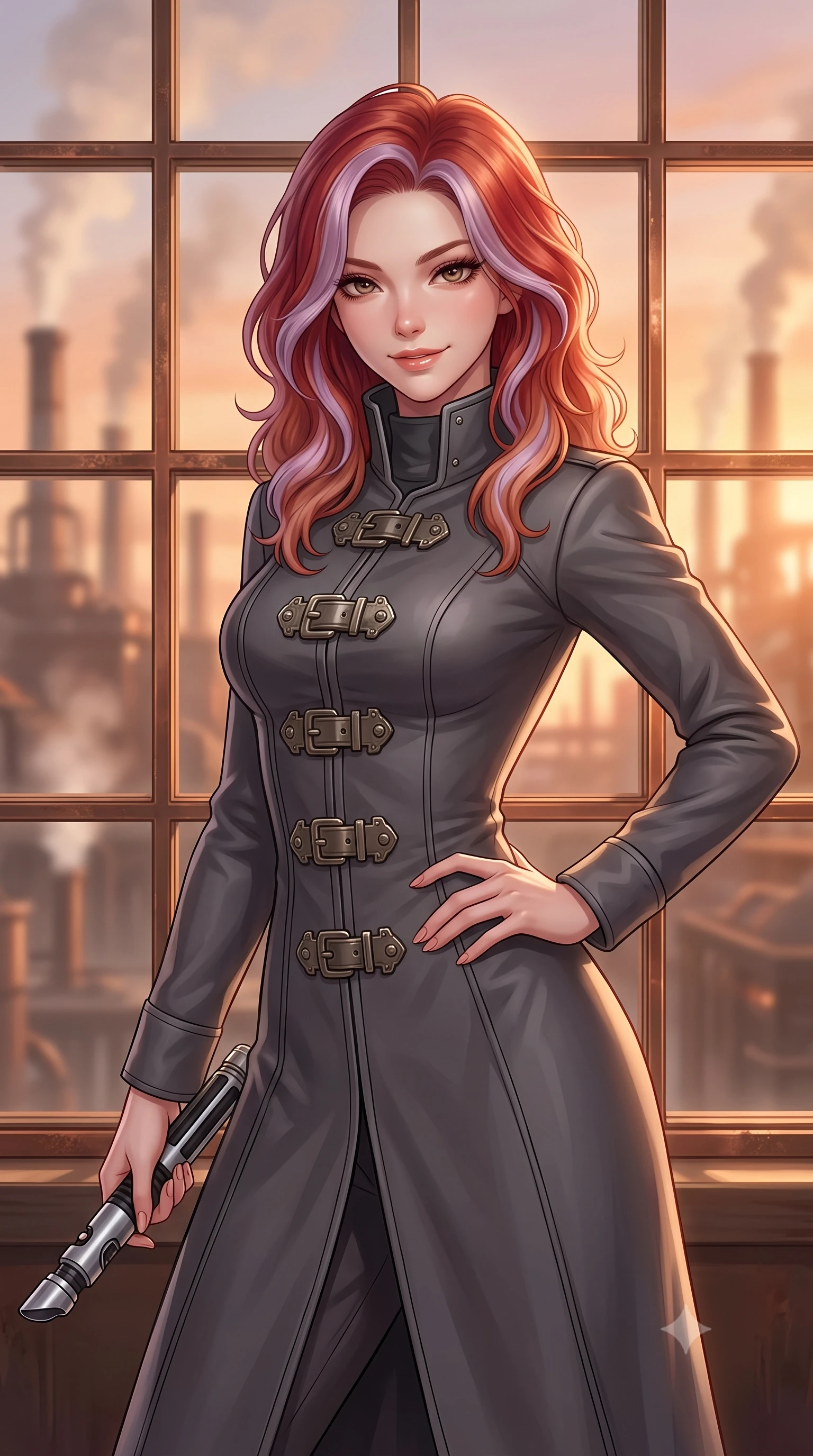 score_9, masterpiece, best quality, ultra-detailed, high-budget anime keyframe, editorial fashion photography, tasteful artistic composition, Caucasian woman. close-up cowboy shot from the waist and thighs up, the character dominates the composition, filling the frame with her large presence, background elements kept in soft focus. leaning slightly forward with a playful, teasing smile while holding a deactivated plasma saber hilt, the background shows a soft-focus a private office cabin in a foundry with glass windows showing steam vents. She has an exceptionally elegant, slender, and willowy female figure with an ultra-slim waist, a gracefully sculpted slender torso, and a refined silhouette. sharp v-shaped jawline, high-bridge nose, intricate jewel-like eyes with depth, thick eyelashes, glossy lips with a natural sheen. wearing a body-hugging tailored future military trench coat in charcoal grey, worn closed with heavy metallic buckles and high-collar lining. warm sunset light filtering through copper window grids, painting the room in orange. highly saturated vibrant anime colors, detailed shading with soft gradients, rich glossy textures, high-contrast stereoscopic depth, volumetric dynamic lighting, master piece, 9:16 ratio