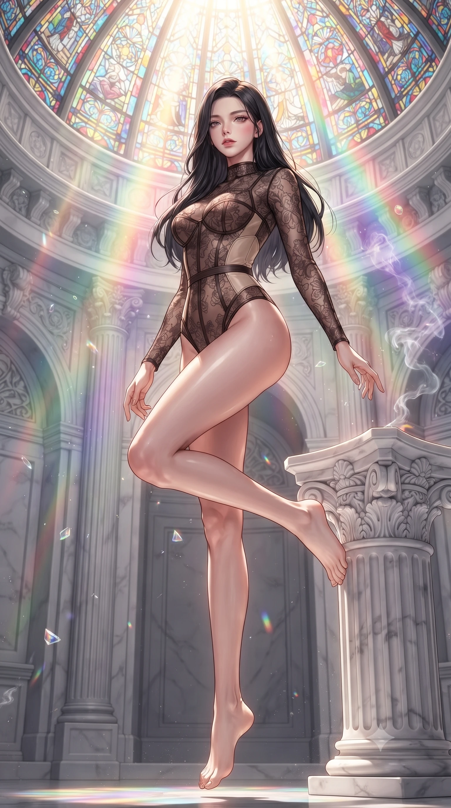 score_9, masterpiece, best quality, ultra-detailed, high-budget anime keyframe, editorial fashion photography, tasteful artistic composition, Korean woman. low angle full-body shot from head to toe showing her feet, filling the entire 9:16 vertical frame with her statuesque presence, stretching her vertical silhouette. leaping gracefully through the environment with statuesque elegance and long slender legs resting against a sculpted white marble pillar under a rainbow dome, floating glass dust and incense smoke scattering colorful light beams. She has an absolutely perfect, statuesque 8.5-heads proportion, an exceptionally tall and slender model-like female figure with impossibly long slender legs and an ultra-slim waist. sharp v-shaped jawline, high-bridge nose, intricate jewel-like eyes with depth, thick eyelashes, glossy lips with a natural sheen. wearing a sheer dark lace pattern bodysuit with structured corsetry boning in espresso brown and warm cream, formed from sleek second-skin neoprene, featuring subtle geometric cutouts that highlight her ultra-slim midriff, the form-contouring material highlighting her ultra-slim waist and long lines. bathed in cascading rainbow prismatic light refracting through stained glass. ultra-reflective glossy finish, specular highlights, metallic sheen, high-contrast stereoscopic depth, volumetric dynamic lighting, 2k, ultra detail, master piece, 9:16 ratio