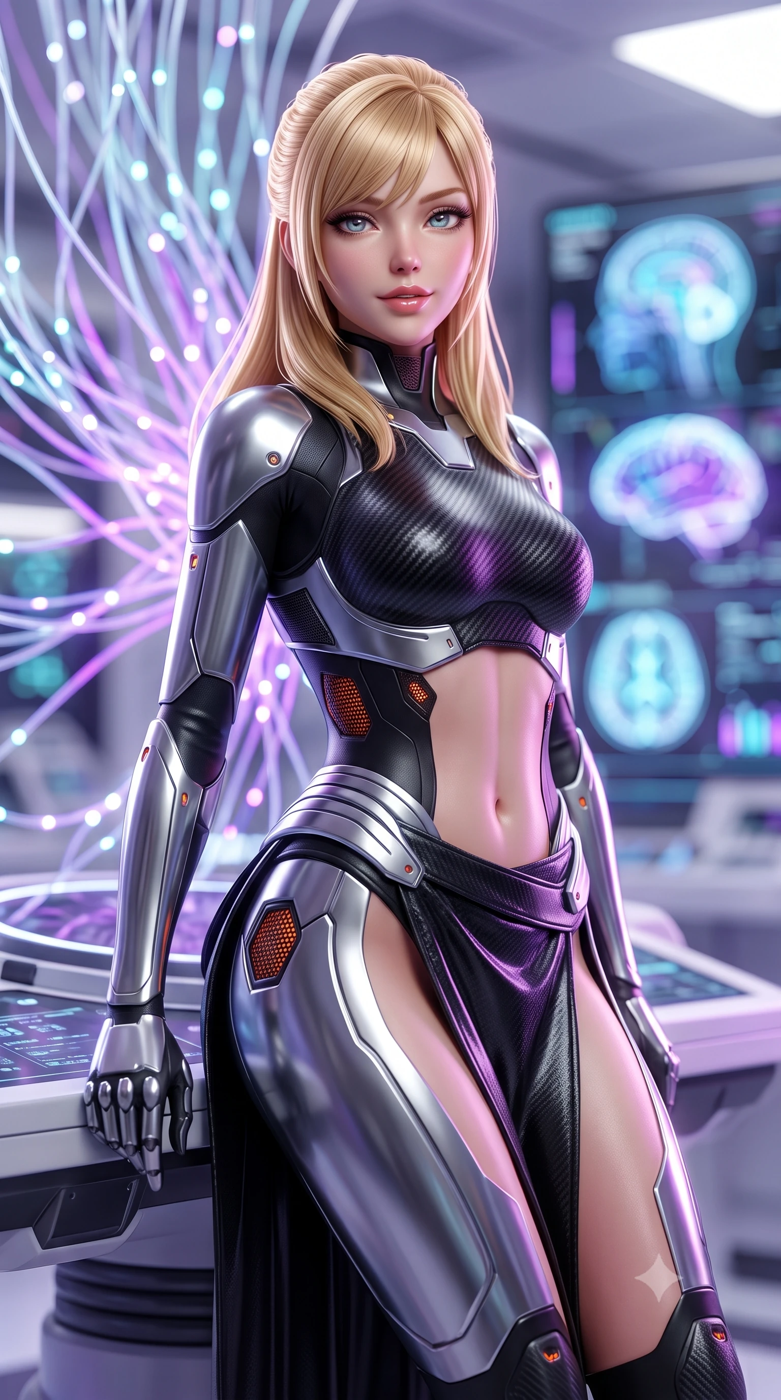 score_9, masterpiece, best quality, ultra-detailed, high-budget anime keyframe, semi-realistic 3D game render, editorial fashion photography, tasteful artistic composition, Caucasian woman. close-up cowboy shot from the waist and thighs up, the character dominates the composition, filling the frame with her large presence. turning slowly with a smoldering smile, her sleek hair catching the cockpit HUD rim light as her hips angle gracefully in a captivating contrapposto while leaning against the bionic calibration cradle with hips cocked back, looking into the camera with an enchanting smile and glowing optic eyes. The background shows a soft-focus thousands of glowing glass neural fibers and holographic brain scan projections blurred into electric violet, cyan, and clean white bokeh. She has an exceptionally elegant, slender, and willowy female figure with an ultra-slim waist, flat toned midriff, narrow ribcage, and sculpted feminine hips creating an alluring, slim hourglass silhouette without bulk. sharp v-shaped jawline, high-bridge nose, intricate jewel-like sparkling eyes with depth, thick eyelashes, glossy parted lips with a natural sheen, bright confident smile with an enchanting and coquettish sensual glint, exuding both youthful magnetic charm and sovereign high-tech allure, flawlessly proportioned anatomical accuracy, strict slender model proportions, natural body alignment, perfectly sculpted long slender limbs, ultra-slim waistline, clean dynamic posture without body distortion. wearing a cyber-samurai tactical suit featuring a shortened carbon chestplate and high-slit armored wrap skirt in liquid chrome silver and pitch black, formed from supple thermal silicone composite adhering seamlessly like a second skin, accented with subtle hexagonal heat-sink vents glowing with dim orange thermal heat, the high-waisted tailoring accentuating her ultra-slim waistline and the enchanting curve of her feminine hips with alluring dark charm. bathed in soft diffuse white laboratory light and vibrant violet neural fiber glows. highly saturated vibrant anime colors, detailed shading with soft gradients, rich glossy textures, high-contrast stereoscopic depth, volumetric dynamic lighting, master piece, 9:16 ratio