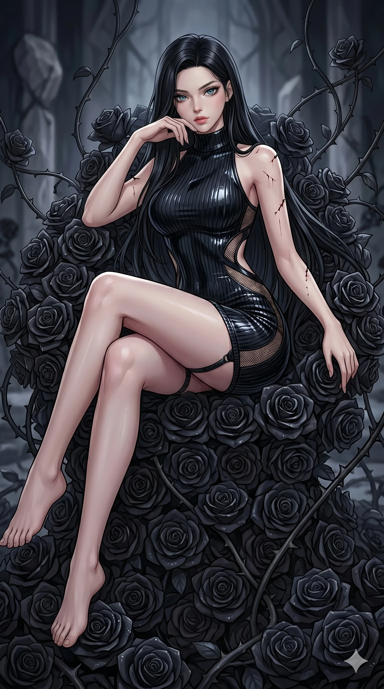 score_9, masterpiece, best quality, ultra-detailed, High-budget Anime Keyframe, East Asian woman. Dynamic full-body shot stretching the vertical silhouette to the limit. Scenario 130: Resting on a throne of black roses, thorns grazing her skin. Her presence is magnetic and overpowering in this high-budget anime scene. Outfit 130: A ribbed bodycon knit garter with a strategic side cut-outs and wet-look texture. The clothing is designed to emphasize her exceptionally tall and slender 8-heads proportion. 8-heads proportion, towering silhouette, ultra-slim waist. sharp v-shaped jawline, intricate jewel-like eyes with depth, thick eyelashes, glossy lips. 2k, ultra detail, master piece, 9:16 ratio