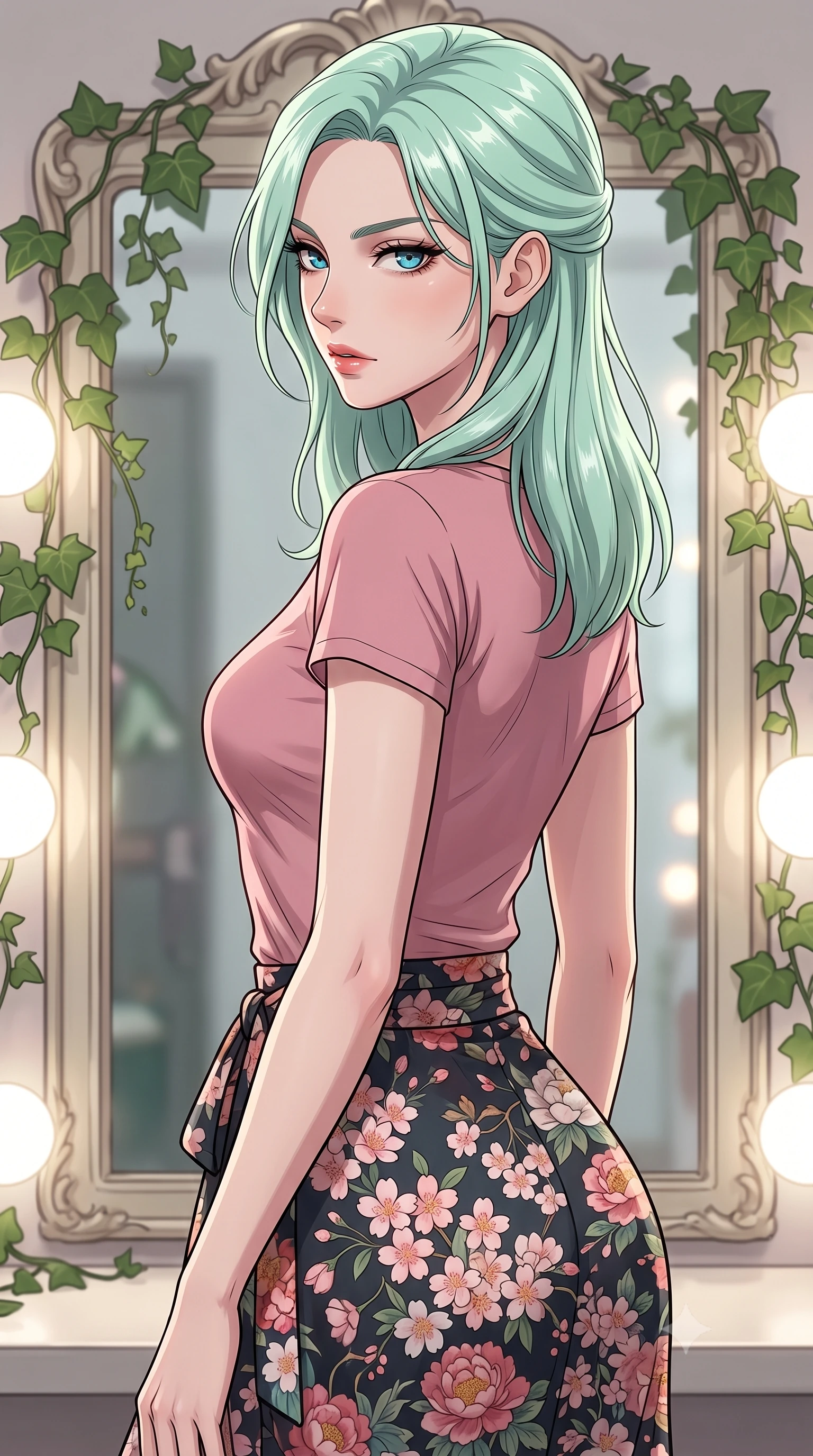 score_9, masterpiece, best quality, ultra-detailed, high-budget anime keyframe, tasteful artistic composition, Japanese woman. close-up cowboy shot from the waist and thighs up, the character dominates the composition, filling the frame with her large presence, background elements kept in soft focus. turning her face in sharp profile, casting a cold, mysterious, yet intensely alluring side gaze, the background shows a soft-focus a vintage vanity mirror corner decorated with climbing green ivy. She has an exceptionally elegant, slender, and willowy female figure with an ultra-slim waist, a gracefully sculpted slender torso, and a refined silhouette. sharp v-shaped jawline, high-bridge nose, intricate jewel-like eyes with depth, thick eyelashes, glossy lips with a natural sheen. wearing a form-contouring simple crewneck t-shirt in dusty pink paired with a floral print wrap skirt. bright vanity spotlights casting detailed front lighting with soft back shadow. highly saturated vibrant anime colors, cel-shading, 2d style, master piece, 9:16 ratio