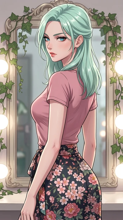 score_9, masterpiece, best quality, ultra-detailed, high-budget anime keyframe, tasteful artistic composition, Japanese woman. close-up cowboy shot from the waist and thighs up, the character dominates the composition, filling the frame with her larg