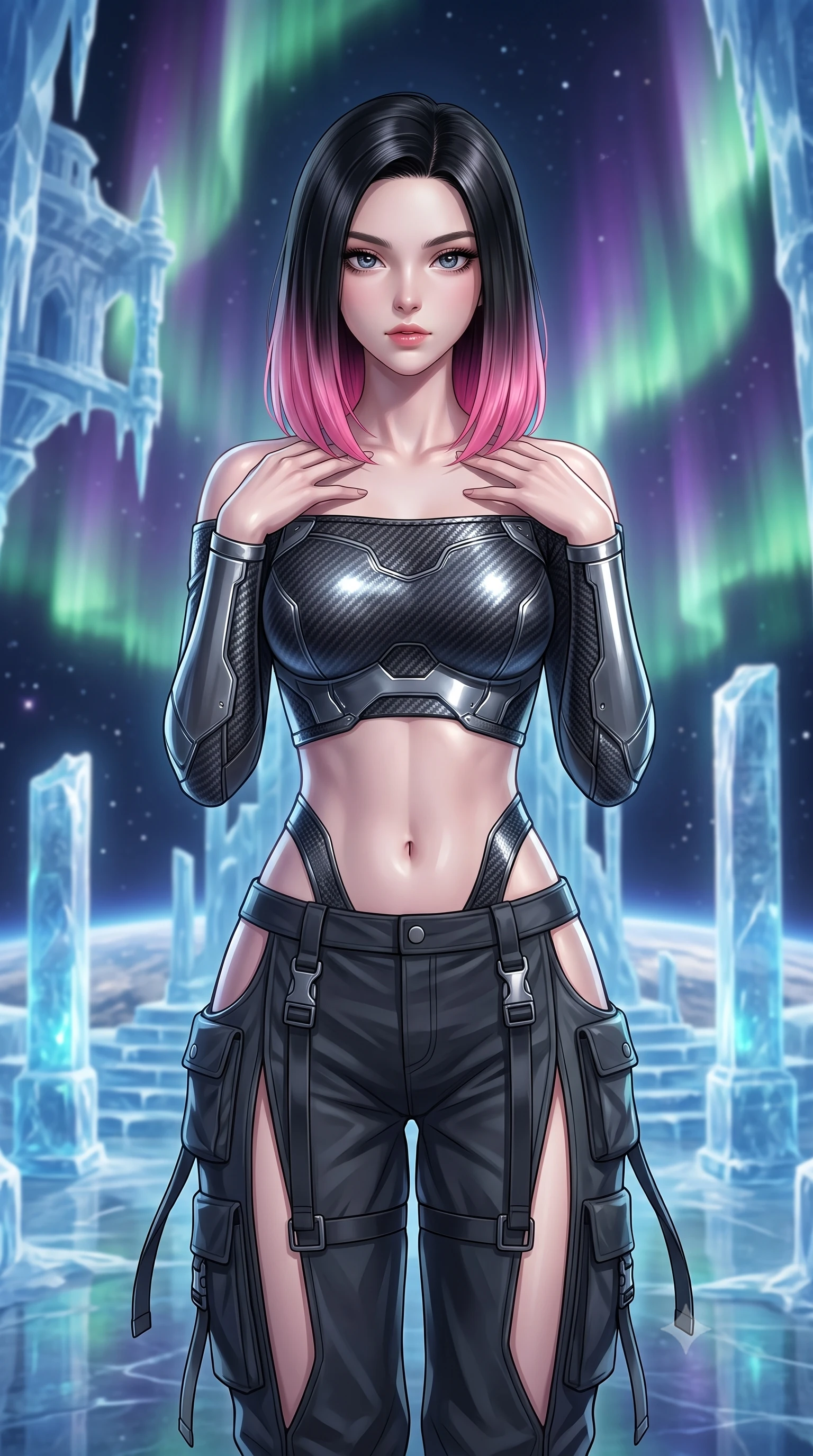 score_9, masterpiece, best quality, ultra-detailed, high-budget anime keyframe, editorial fashion photography, tasteful artistic composition, Korean woman. close-up cowboy shot from the waist and thighs up, the character dominates the composition, filling the frame with her large presence, background elements kept in soft focus. standing in a relaxed, elegant posture with both hands resting lightly on her collarbone, looking at the viewer with bedroom-eyes, the background shows a soft-focus an ice palace main hall built of solid frozen crystal blocks in orbit. She has an exceptionally elegant, slender, and willowy female figure with an ultra-slim waist, a gracefully sculpted slender torso, and a refined silhouette. sharp v-shaped jawline, high-bridge nose, intricate jewel-like eyes with depth, thick eyelashes, glossy lips with a natural sheen. wearing a body-hugging off-shoulder carbon-fiber armor top paired with high-slit tactical cargo pants, showing her delicately sculpted midriff. soft green and violet aurora polaris curtains wrapping the room in glow. ultra-reflective glossy finish, specular highlights, metallic sheen, high-contrast stereoscopic depth, volumetric dynamic lighting, 2k, ultra detail, master piece, 9:16 ratio