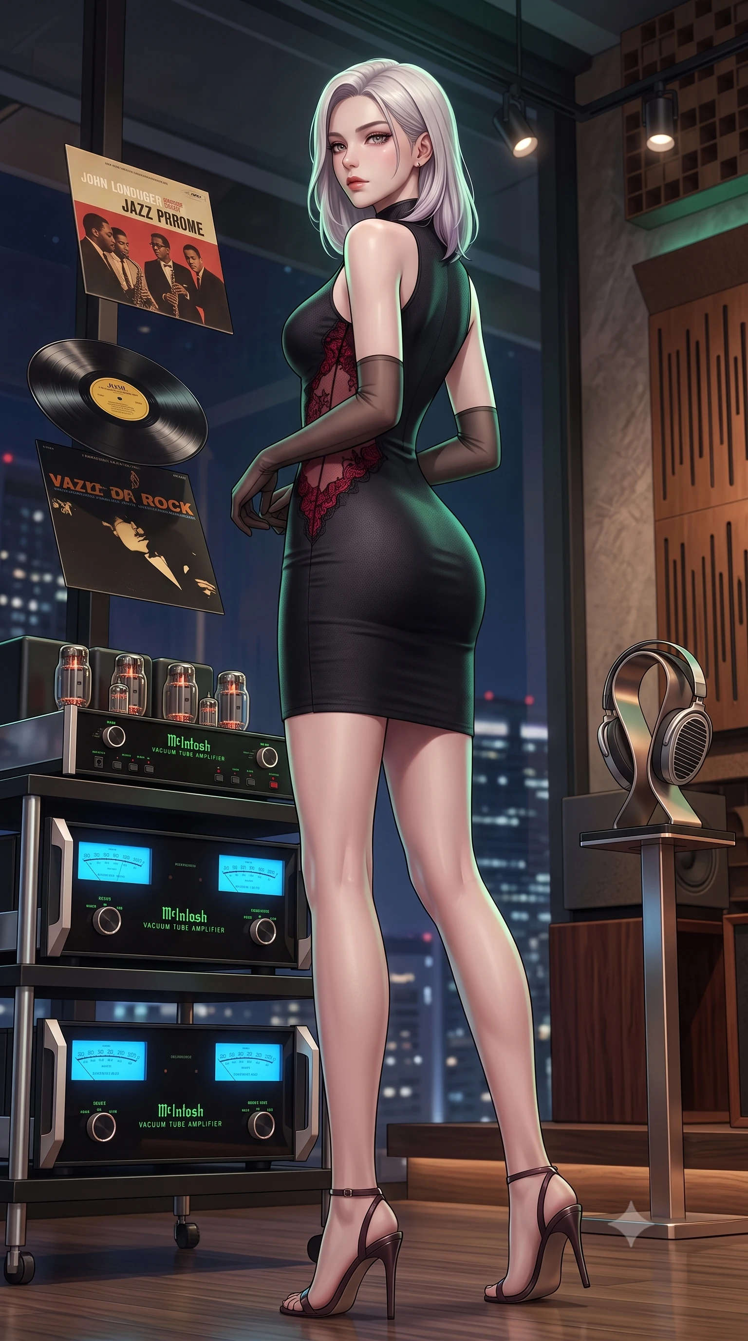 score_9, masterpiece, best quality, ultra-detailed, high-budget anime keyframe, semi-realistic 3D game render, editorial fashion photography, tasteful artistic composition, Caucasian woman. low angle full-body shot from head to toe showing her feet, filling the entire 9:16 vertical frame with her statuesque presence, stretching her vertical silhouette. executing a slow, elegant turn as her liquid gown flutters around her slender legs, glancing over her shoulder with an intoxicating, seductive bedroom-gaze while standing poised beside the massive McIntosh tube amplifier rack with hips cocked back, casting an intoxicating bedroom-gaze past floating vinyl records. The surrounding environment is rendered in vivid detail and crisp panoramic clarity. detailed fabric weave, headphone metallic finish, and contemporary Hannam-dong listening lounge architecture in high clarity. She has an exceptionally tall and slender model-like 8.5-heads proportion, an ultra-slim waist, a flat toned midriff, narrow delicate ribcage, and beautifully sculpted feminine hips creating a graceful, slim hourglass silhouette without any bulky heaviness, with impossibly long slender legs. sharp v-shaped jawline, high-bridge nose, intricate jewel-like dark sparkling eyes with dangerous depth, thick curled eyelashes, glossy parted lips with a rich wine sheen, smoldering seductive half-smile with bedroom-eyes, exuding effortless superiority and intoxicating dark allure, flawlessly proportioned anatomical accuracy, strict slender model proportions, natural body alignment, perfectly sculpted long slender limbs, ultra-slim waistline, clean dynamic posture without body distortion. wearing a high-neck sleeveless bodycon dress in textured matte obsidian with side-torso semi-sheer mesh inserts in ruby crimson and muted shadow black, crafted from sheer delicate Chantilly lace with intricate gothic floral motifs, complemented by sheer dark opera gloves reaching past her elbows, the form-fitting cut adhering flawlessly to her sculpted flat midriff and slender torso, emphasizing her long leg lines and perfectly proportioned willowy build. illuminated by focused spotlight key lights and subtle emerald rim lighting sharply defining her razor-sharp jawline, narrow waist, and curvy hips. highly saturated vibrant anime colors, detailed shading with soft gradients, rich glossy textures, high-contrast stereoscopic depth, volumetric dynamic lighting, master piece, 9:16 ratio