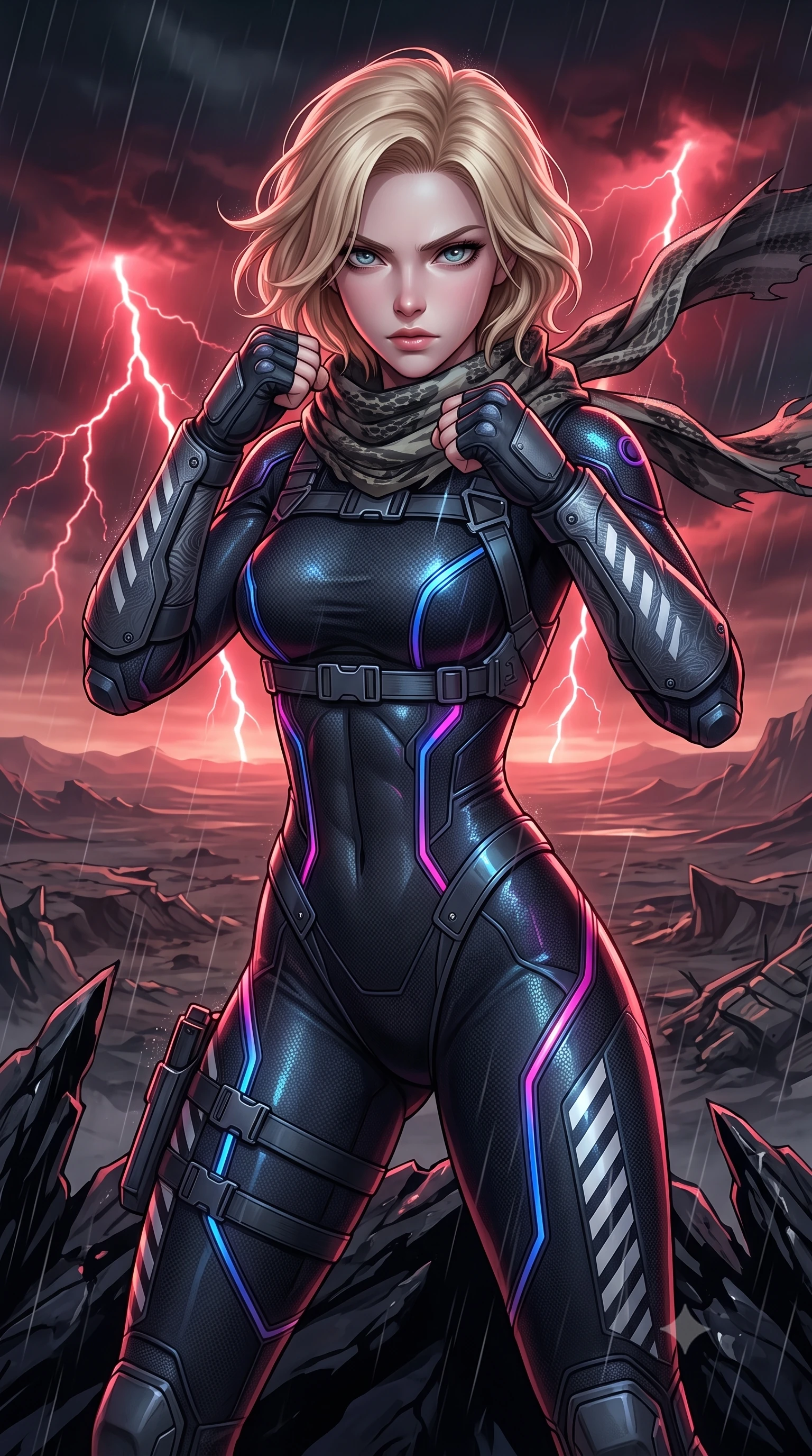 score_9, masterpiece, best quality, ultra-detailed, high-budget anime keyframe, semi-realistic 3D game render, editorial fashion photography, tasteful artistic composition, Caucasian woman. close-up cowboy shot from the waist and thighs up, the character dominates the composition, filling the frame with her large presence. in a razor-sharp Panzer Kunst fighting guard with raised fists, captivating jewel-like eyes locked onto the viewer with fierce, resolute determination while standing tall on a jagged obsidian ridge with wind tearing at her tactical scarf, silhouette dominating the desolate horizon. The surrounding environment is rendered in vivid detail and crisp panoramic clarity. dramatic post-apocalyptic chiaroscuro and vast desolate wasteland geometry rendered in panoramic precision. She has an exceptionally elegant, slender, and willowy female figure with an ultra-slim waist, a gracefully sculpted slender torso, toned flat midriff, and a refined slim silhouette. sharp v-shaped jawline, high-bridge nose, intricate jewel-like eyes with depth, thick eyelashes, glossy lips with a natural sheen, fierce and resolute heroine expression, flawlessly proportioned anatomical accuracy, strict slender model proportions, natural body alignment, perfectly sculpted long slender limbs, ultra-slim waistline, clean dynamic posture without body distortion. holding a modular carbon battle-helmet under one arm, her flawless face and sculpted neck exposed to the rain with determined warrior focus, paired with a skin-tight dark carbon-weave combat bodysuit with glowing neon energy conduits and reinforced Damascus-pattern forearm strike guards in storm-grey carbon mesh with high-contrast white hazard stripes, tailored from flexible second-skin ballistic carbon-mesh adhering flawlessly to her athletic build, reinforced by a heavy-duty titanium tactical harness and glowing micro-energy status straps, the liquid-tight tailored fabric emphasizing every curve of her tall, slender model proportions and sculptured silhouette during dynamic movement. bathed in eerie crimson lightning storm backlighting and ominous dark ash ambient fill. rich saturated anime colors with glowing neon highlights, detailed shading with soft gradients, rich glossy textures, high-contrast stereoscopic depth, volumetric dynamic lighting, master piece, 9:16 ratio