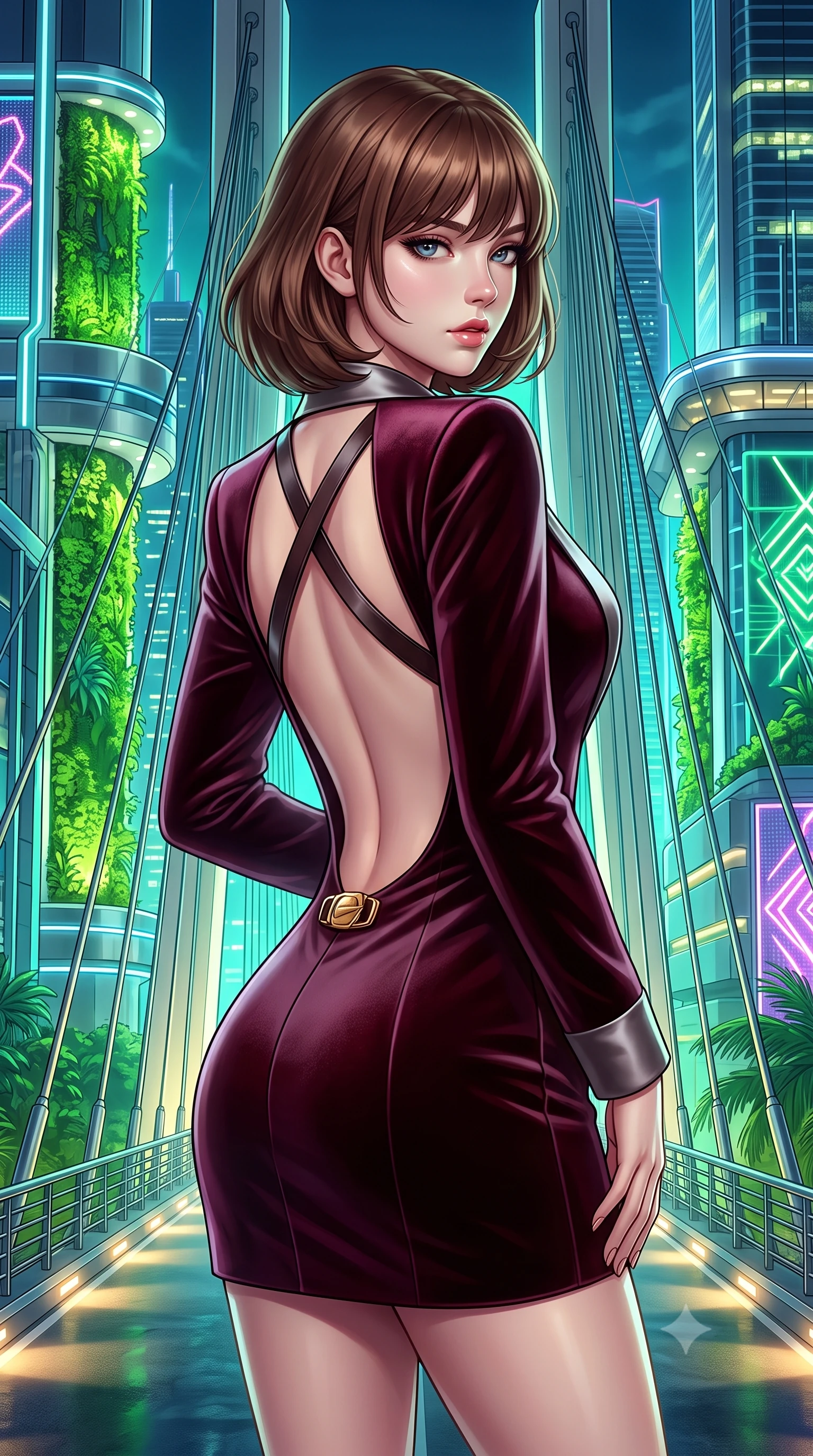 score_9, masterpiece, best quality, ultra-detailed, high-budget anime keyframe, semi-realistic 3D game render, editorial fashion photography, tasteful artistic composition, Caucasian woman. close-up cowboy shot from the waist and thighs up, the character dominates the composition, filling the frame with her large presence. turning over a bare shoulder with an intoxicating, teasing smile, her soft hair framing her sharp jawline as her hips angle gracefully while standing poised at the center of the illuminated suspension bridge, twisting her slender torso in an alluring S-curve while looking toward the Marina skyline. The surrounding environment is rendered in vivid detail and crisp panoramic clarity. vibrant high-contrast cyberpunk botanical chiaroscuro and cutting-edge tropical metropolis aesthetics in precision. She has an exceptionally elegant, slender, and willowy female figure with an ultra-slim waist, flat toned midriff, narrow ribcage, and sculpted feminine hips creating an alluring, slim hourglass silhouette without bulk. sharp v-shaped jawline, high-bridge nose, intricate jewel-like eyes with depth, thick eyelashes, glossy parted lips with a natural sheen, intensely captivating and seductive bedroom-eyes expression, flawlessly proportioned anatomical accuracy, strict slender model proportions, natural body alignment, perfectly sculpted long slender limbs, ultra-slim waistline, clean dynamic posture without body distortion. wearing a tailored velvet tuxedo jacket dress with satin lapels, worn with a deep plunge neckline and gold hip buckle in deep wine burgundy and brushed dark platinum, tailored from smooth liquid silk satin adhering seamlessly to her skin, featuring an open-back criss-cross harness strap in dark leather, the dramatically scooped open back descending to the base of her spine, accentuating her razor-sharp statuesque lines and slim hourglass silhouette. surrounded by a visionary, electrifying, and breathlessly magnificent eco-metropolis queen aura. highly saturated vibrant anime colors, detailed shading with soft gradients, rich glossy textures, high-contrast stereoscopic depth, volumetric dynamic lighting, master piece, 9:16 ratio
