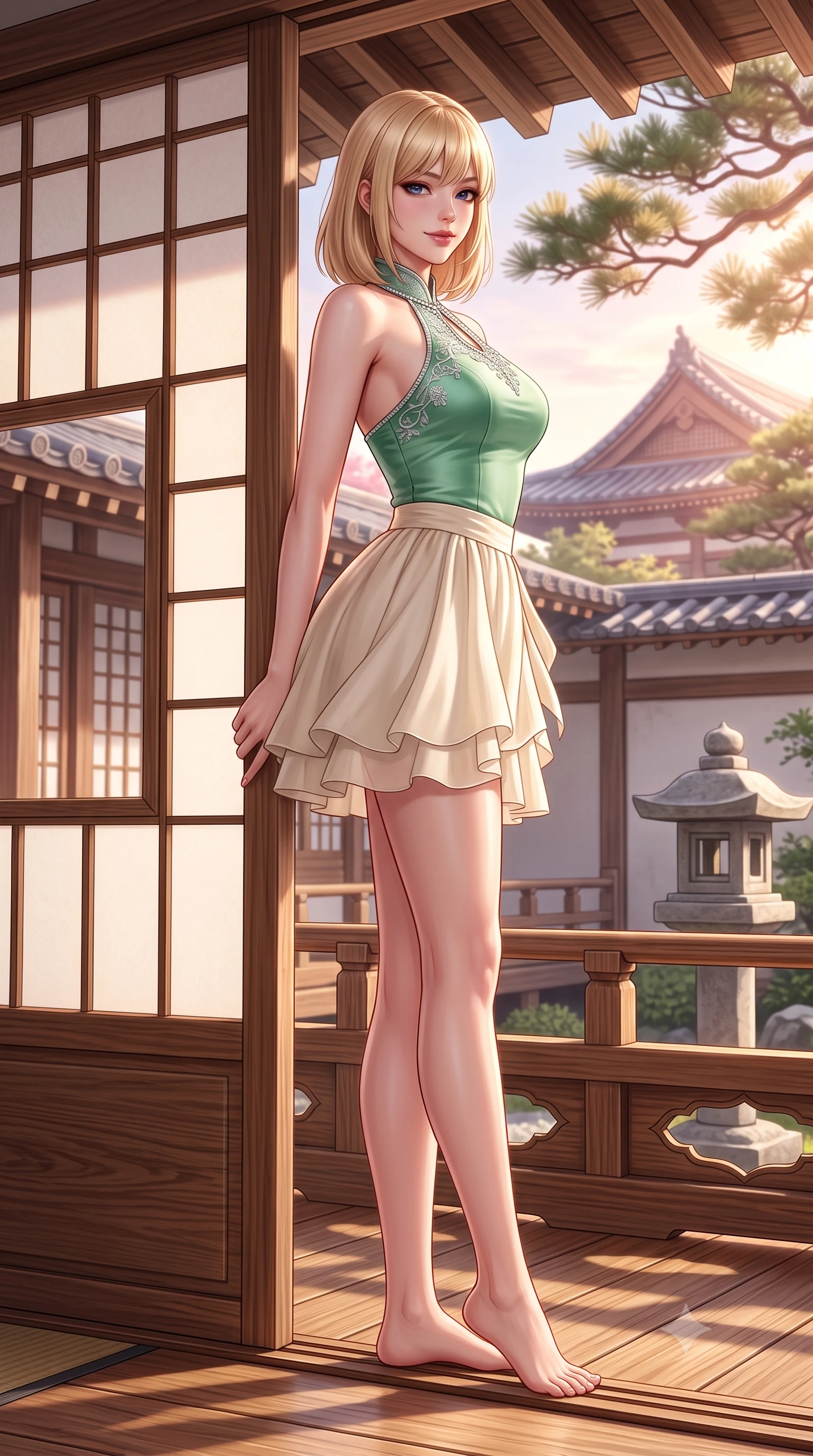 score_9, masterpiece, best quality, ultra-detailed, high-budget anime keyframe, semi-realistic 3D game render, editorial fashion photography, tasteful artistic composition, Japanese woman. low angle full-body shot from head to toe showing her feet, filling the entire 9:16 vertical frame with her statuesque presence, stretching her vertical silhouette. standing in a tall, confident posture with one hand on the carved palace railing, stretching her statuesque body as she arches her lower back to emphasize her sculpted feminine hips and slender waist while leaning against the cedar sliding doorframe with hips cocked back, looking over her shoulder with an alluring, nostalgic bedroom-gaze. The surrounding environment is rendered in vivid detail and crisp panoramic clarity: detailed silk kimono weave, spring sunburst highlights on hair, and traditional Yanaka architecture in razor-sharp precision. She has an absolutely perfect, statuesque 8.5-heads proportion, an exceptionally tall and slender model-like female figure with impossibly long slender legs, an ultra-slim waist, a flat toned midriff, narrow delicate ribcage, and beautifully sculpted feminine hips creating a graceful, slim hourglass silhouette without any bulky heaviness. sharp v-shaped jawline, high-bridge nose, intricate jewel-like dark sparkling almond eyes with depth, thick lashes, glossy parted lips with a natural rose-plum sheen, bright alluring and coquettish smile with bedroom-eyes, exuding both timeless oriental elegance and sovereign high-fashion allure, flawlessly proportioned anatomical accuracy, strict slender model proportions, natural body alignment, perfectly sculpted long slender limbs, ultra-slim waistline, clean dynamic posture without body distortion. wearing a modern halter-neck fusion hanbok bodice with delicate silver embroidery and a fluttering layered chiffon wrap mini skirt in fresh bamboo emerald and soft oatmeal cream, tailored from smooth celadon raw silk with natural organic slub texture, finished with subtle crystal rhinestones tracing the elegant neckline, the liquid-tight tailored silk fabric clinging flawlessly to her narrow waist and rounded feminine hips, emphasizing every millimeter of her sculpted slim hourglass curves without any bulky heaviness. illuminated by garden stone lantern fills and sharp rose-gold rim lights sculpting her razor-sharp jawline, narrow waist, and curvy hips. highly saturated vibrant anime colors, detailed shading with soft gradients, rich glossy textures, high-contrast stereoscopic depth, volumetric dynamic lighting, master piece, 9:16 ratio