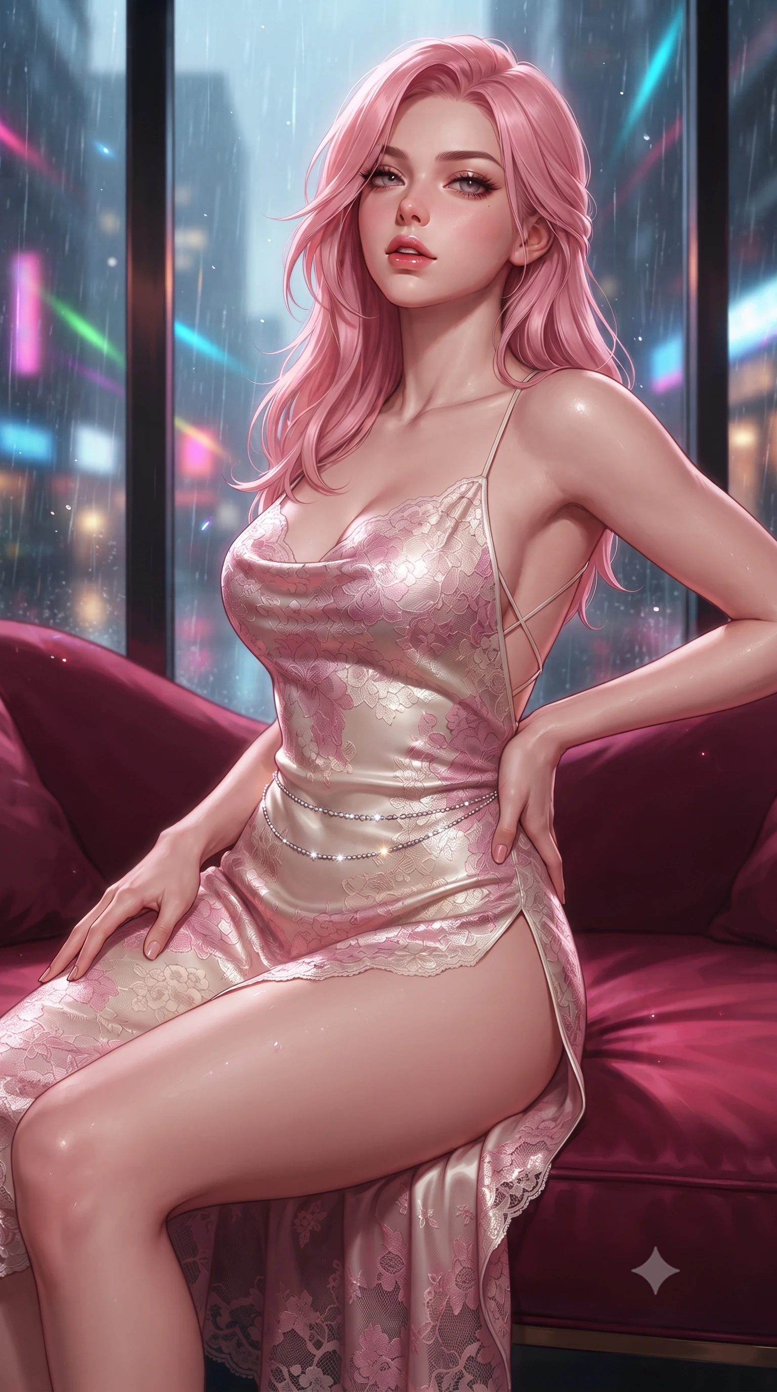 score_9, masterpiece, best quality, ultra-detailed, high-budget anime keyframe, editorial fashion photography, tasteful artistic composition, Japanese woman. close-up cowboy shot from the waist and thighs up, the character dominates the composition, filling the frame with her large presence. tilting her chin up with proud, sovereign allure while gazing through thick eyelashes, one hand resting on her waist in pure supermodel charisma while reclining on a curved crimson silk chaise lounge inside the penthouse salon, one knee drawn up in a seductive Cleopatra pose. The composition keeps background elements in soft focus with creamy bokeh. rain-slicked balcony reflections and neon light streaks scattering vivid chromatic light motes. She has an exceptionally elegant, slender, and willowy female figure with an ultra-slim waist, flat toned midriff, narrow ribcage, and sculpted feminine hips creating an alluring, slim hourglass silhouette without bulk. sharp v-shaped jawline, high-bridge nose, intricate jewel-like eyes with depth, thick eyelashes, glossy parted lips with a natural sheen, intensely captivating and seductive bedroom-eyes expression, flawlessly proportioned anatomical accuracy, strict slender model proportions, natural body alignment, perfectly sculpted long slender limbs, ultra-slim waistline, clean dynamic posture without body distortion. wearing a backless cowl-neck satin slip dress featuring high-cut side hip slits and delicate criss-cross back straps in sakura blossom pink and warm ivory, formed from shimmering floral lace over smooth opaque silk lining, accented with a dainty diamond waist chain catching the ambient light reflections, the second-skin form-contouring cut accentuating her sculpted flat midriff, narrow delicate ribcage, and gracefully curvy hips with supermodel precision. illuminated by wet specular bounce lights sharply sculpting her narrow waist, bare spine, and curvy hips. ultra-reflective glossy finish, specular highlights, rich textural contrasts, high-contrast stereoscopic depth, volumetric dynamic lighting, 2k, ultra detail, master piece, 9:16 ratio
