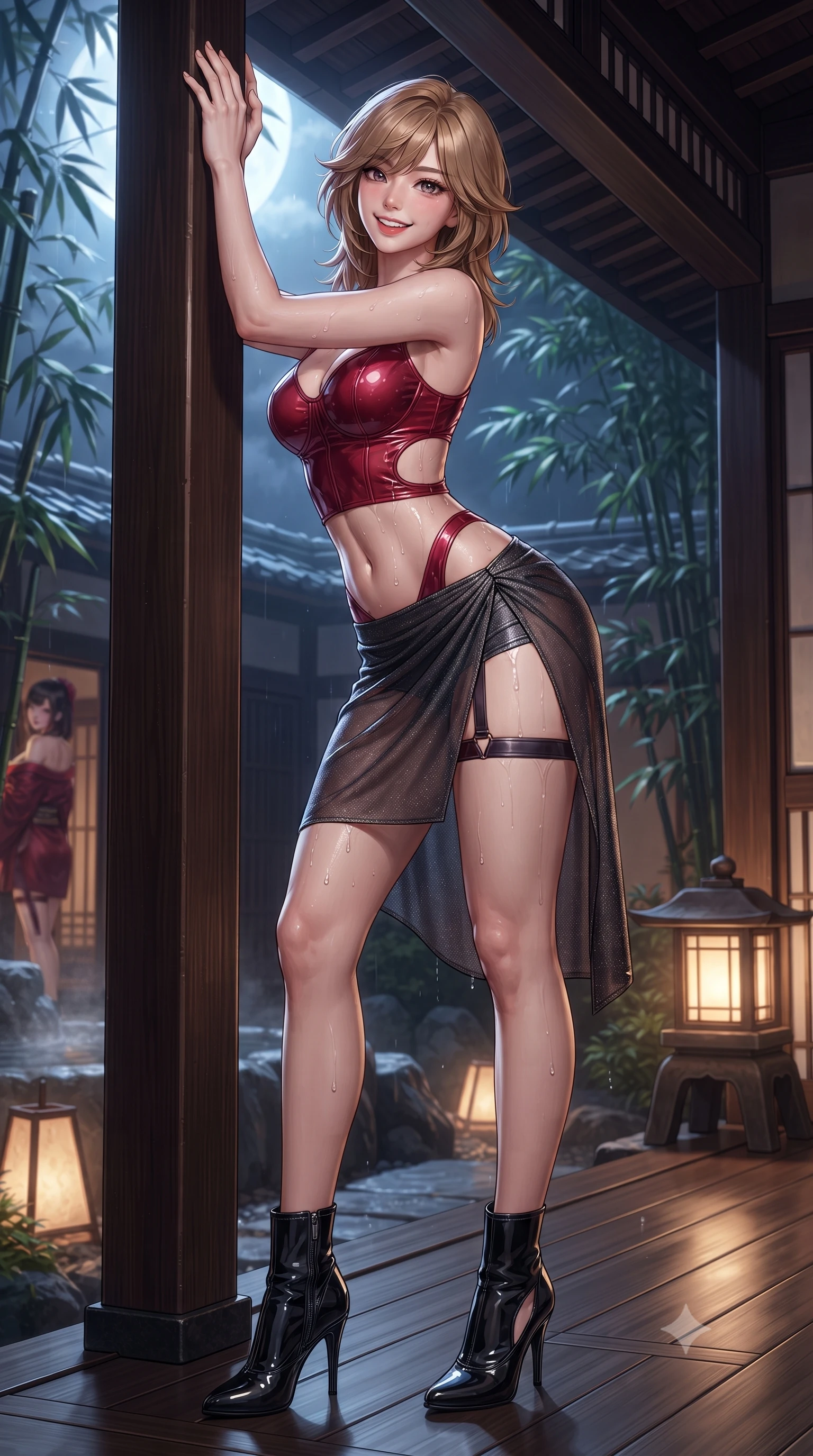 score_9, masterpiece, best quality, ultra-detailed, high-budget anime keyframe, editorial fashion photography, tasteful artistic composition, Korean woman. low angle full-body shot from head to toe showing her feet, filling the entire 9:16 vertical frame with her statuesque presence, stretching her vertical silhouette. standing tall beside the architectural column, one hand resting high while arching her lower back to emphasize her sculpted feminine hips and slender waist while twisting her slender torso in an alluring S-curve, glistening hot spring droplets and silver moonlight tracing her flat midriff and hips. The surrounding environment is rendered in vivid detail and crisp panoramic clarity: detailed backless silk robe dress cling slipping off shoulders, obi belt texture, and master ryokan woodcraft in razor-sharp precision. She has an exceptionally tall and slender model-like 8.5-heads proportion, an ultra-slim waist, a flat toned midriff, narrow delicate ribcage, and beautifully sculpted feminine hips creating a graceful, slim hourglass silhouette without any bulky heaviness, with impossibly long slender legs. sharp v-shaped jawline, high-bridge nose, intricate jewel-like sparkling eyes with depth, thick eyelashes, glossy parted lips with a natural peach sheen, bright cheerful beaming smile with an enchanting and coquettish sensual glint, exuding both youthful cute charm and seductive allure, flawlessly proportioned anatomical accuracy, strict slender model proportions, natural body alignment, perfectly sculpted long slender limbs, ultra-slim waistline, clean dynamic posture without body distortion. wearing a wet-look form-fitting vinyl bustier paired with a high-slit sheer-layered wrap mini skirt and thigh-strap accents in rich ruby crimson and dark brushed titanium, woven from stretch metallic lurex jersey casting radiant starlight glints across her curves, complemented by sleek patent leather stiletto ankle boots accentuating her long slender calves, the precision-cut side openings and low-back scoop framing her graceful spine and the sensual sweep of her slim, toned hips. bathed in mystical cool silver moonlight filtering through swaying bamboo leaves combined with warm 2700K stone lantern glow. ultra-reflective glossy finish, specular highlights, rich textural contrasts, high-contrast stereoscopic depth, volumetric dynamic lighting, 2k, ultra detail, master piece, 9:16 ratio