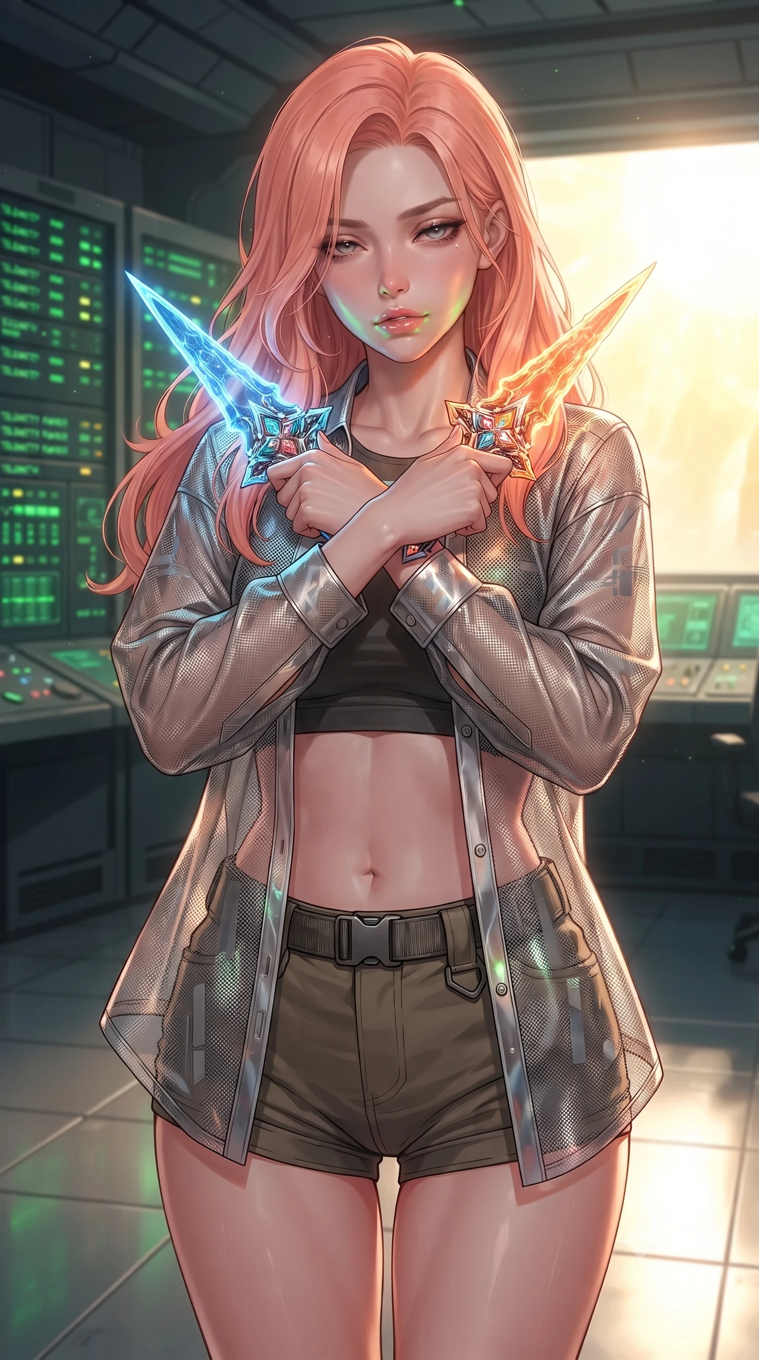 score_9, masterpiece, best quality, ultra-detailed, high-budget anime keyframe, editorial fashion photography, tasteful artistic composition, Japanese woman. close-up cowboy shot from the waist and thighs up, the character dominates the composition, filling the frame with her large presence, background elements kept in soft focus. holding two energy daggers crossed in front of her elegant collarbone, casting a heavy-lidded, sultry look, the background shows a soft-focus a solar collector control room with blinking green telemetry racks. She has an exceptionally elegant, slender, and willowy female figure with an ultra-slim waist, a gracefully sculpted slender torso, and a refined silhouette. sharp v-shaped jawline, high-bridge nose, intricate jewel-like eyes with depth, thick eyelashes, glossy lips with a natural sheen. wearing a tailored lightweight carbon-mesh cover-up shirt worn open over a crop top and high-cut combat shorts. soft green and yellow terminal glare contrasting with the blinding solar window view. ultra-reflective glossy finish, specular highlights, metallic sheen, high-contrast stereoscopic depth, volumetric dynamic lighting, 2k, ultra detail, master piece, 9:16 ratio