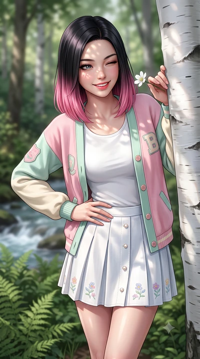 score_9, masterpiece, best quality, ultra-detailed, high-budget anime keyframe, semi-realistic 3D game render, editorial fashion photography, tasteful artistic composition, Korean woman. close-up cowboy shot from the waist and thighs up, the characte
