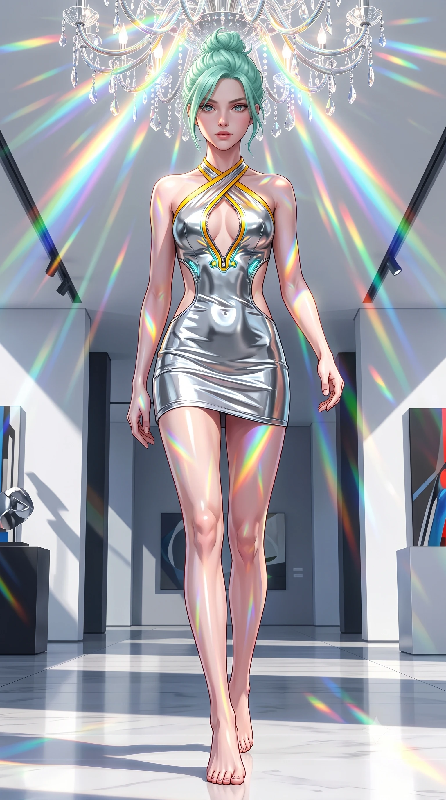score_9, masterpiece, best quality, ultra-detailed, high-budget anime keyframe, semi-realistic 3D game render, editorial fashion photography, tasteful artistic composition, Japanese woman. low angle full-body shot from head to toe showing her feet, filling the entire 9:16 vertical frame with her statuesque presence, stretching her vertical silhouette. striding forward in a proud, statuesque motion with a dangerous smolder, her vertical silhouette dominating the frame from head to toe while pausing beneath a crystal chandelier refracting sunlight into dazzling rainbow rays across her skin. The surrounding environment is rendered in vivid detail and crisp panoramic clarity. intricate light refraction patterns, crisp modern museum architecture, and clean shadows in high clarity. She has an absolutely perfect, statuesque 8.5-heads proportion, an exceptionally tall and slender model-like female figure with impossibly long slender legs, a toned flat midriff, and an ultra-slim waist. sharp v-shaped jawline, high-bridge nose, intricate jewel-like eyes with depth, thick eyelashes, glossy lips with a natural sheen, flawlessly proportioned anatomical accuracy, strict slender model proportions, natural body alignment, perfectly sculpted long slender limbs, ultra-slim waistline, clean dynamic posture without body distortion. wearing a molten silver liquid-metal mini dress featuring deep side-waist cutouts and a daring crossover halter neckline in vibrant sunburst canary yellow and gold trim, crafted from ultra-reflective second-skin latex with a high-gloss glass-like polish, featuring a dangerously unzipped neckline framed by glowing cybernetic accents, the form-contouring material adhering flawlessly to her sculpted flat midriff and slender torso, emphasizing her long leg lines and perfectly proportioned willowy build. bathed in brilliant natural white daylight intersected by vivid saturated rainbow prism beams. highly saturated vibrant anime colors, detailed shading with soft gradients, rich glossy textures, high-contrast stereoscopic depth, volumetric dynamic lighting, master piece, 9:16 ratio
