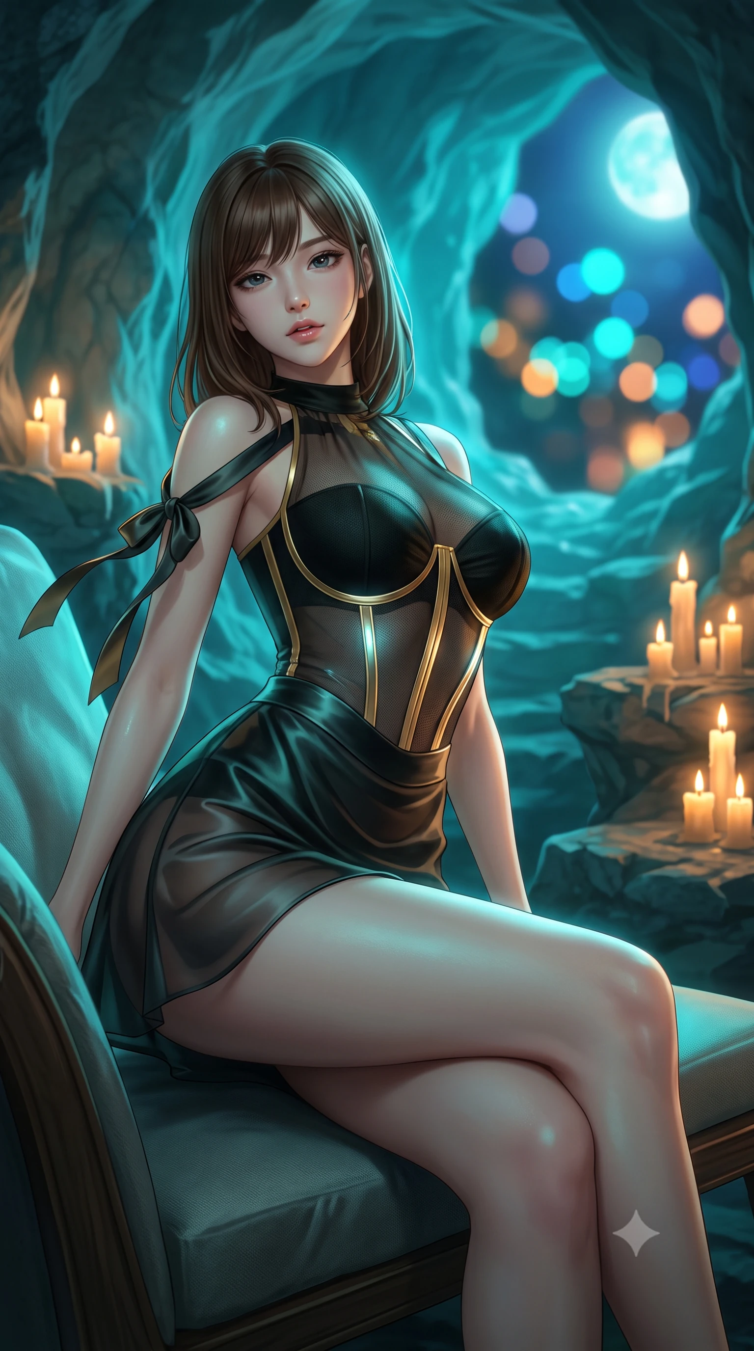 score_9, masterpiece, best quality, ultra-detailed, high-budget anime keyframe, semi-realistic 3D game render, editorial fashion photography, tasteful artistic composition, Korean woman. close-up cowboy shot from the waist and thighs up, the character dominates the composition, filling the frame with her large presence. perched sideways on the lounge seat, one knee drawn up to showcase her slender leg line while her arched back accentuates her feminine hip curve while leaning against the smooth water-sculpted limestone cavern wall with hips cocked back, looking into the camera with heavy-lidded smoldering eyes and parted glossy lips. The background shows a soft-focus magical phosphorescent cyan glow radiating from underwater cave depths, clusters of glowing pillar candles on stone ledges, and moonlight through the cave opening blurred into electric cyan, amber, and indigo bokeh. She has an exceptionally elegant, slender, and willowy female figure with an ultra-slim waist, flat toned midriff, narrow ribcage, and sculpted feminine hips creating an alluring, slim hourglass silhouette without bulk. sharp v-shaped jawline, high-bridge nose, intricate jewel-like sparkling eyes with depth, thick eyelashes, glossy parted lips with a natural peach sheen, bright cheerful beaming smile with an enchanting and coquettish sensual glint, exuding both youthful cute charm and seductive allure, flawlessly proportioned anatomical accuracy, strict slender model proportions, natural body alignment, perfectly sculpted long slender limbs, ultra-slim waistline, clean dynamic posture without body distortion. wearing a sculpted underwire cyber-corset in translucent tech-tulle with illuminated boning channels paired with a sheer mini skirt in Shanghai noir black and imperial 24k gold, crafted from fluid liquid silk satin that clings smoothly to her narrow waist and rounded hips with a dewy sheen, finished with satin ribbon ties at the shoulders fluttering in the gentle breeze, the liquid-tight tailored fabric clinging flawlessly to her narrow waist and rounded feminine hips, emphasizing every millimeter of her sculpted slim hourglass curves without any bulky heaviness. bathed in the supernatural underwater phosphorescent 4800K cyan glow contrasted with warm 2000K candle flames on stone ledges. highly saturated vibrant anime colors, detailed shading with soft gradients, rich glossy textures, high-contrast stereoscopic depth, volumetric dynamic lighting, master piece, 9:16 ratio