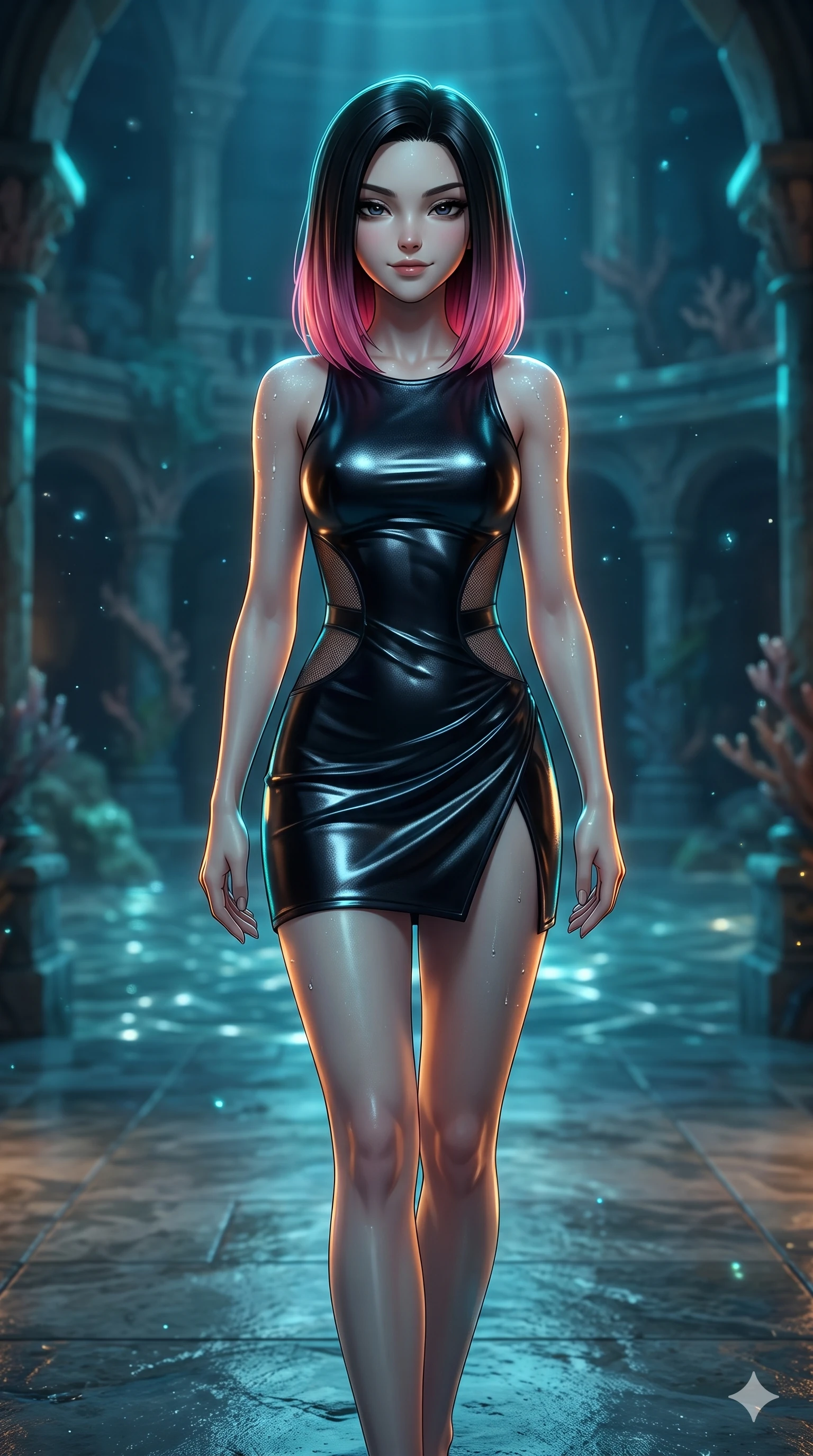 score_9, masterpiece, best quality, ultra-detailed, high-budget anime keyframe, semi-realistic 3D game render, editorial fashion photography, tasteful artistic composition, Korean woman. close-up cowboy shot from the waist and thighs up, the character dominates the composition, filling the frame with her large presence. smiling with quiet, magnetic self-assurance directly into the camera with heavy-lidded sparkling eyes while walking slowly across the subterranean hall with feline poise, her long slender legs and curvy hips commanding the underwater atmosphere. The background shows a soft-focus subterranean palace atrium softened in aquatic architecture shallow focus. She has an exceptionally elegant, slender, and willowy female figure with an ultra-slim waist, flat toned midriff, narrow ribcage, and sculpted feminine hips creating an alluring, slim hourglass silhouette without bulk. sharp v-shaped jawline, high-bridge nose, intricate jewel-like dark sparkling eyes with hypnotic seductive depth, thick curled eyelashes, glossy parted lips with a natural wine sheen, alluring bedroom-eyes with an enigmatic smoldering smile, exuding magnetic sovereign charisma and dark avant-garde glamour, flawlessly proportioned anatomical accuracy, strict slender model proportions, natural body alignment, perfectly sculpted long slender limbs, ultra-slim waistline, clean dynamic posture without body distortion. wearing a liquid-look wet vinyl micro-mini dress clinging like a second skin with hip-high side cutouts in pure obsidian monochrome with subtle metallic sheen, featuring strategic sheer-illusion micro-mesh cutouts along her ribcage and hip flanks, finished with glistening moisture droplets beading across her sculpted shoulders and flat midriff, the high-slit wrap tailoring accentuating her ultra-slim waistline and the enchanting curve of her feminine hips with alluring seductive charm. illuminated by polished floor bounce and sharp cyan-amber rim lights defining her razor-sharp jawline, narrow waist, and curvy hips. highly saturated vibrant anime colors, detailed shading with soft gradients, rich glossy textures, high-contrast stereoscopic depth, volumetric dynamic lighting, master piece, 9:16 ratio