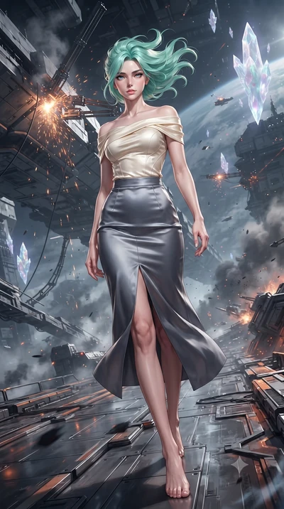 score_9, masterpiece, best quality, ultra-detailed, high-budget anime keyframe, editorial fashion photography, tasteful artistic composition, realistic cosplay photography, Japanese woman. low angle full-body shot from head to toe showing her feet, f