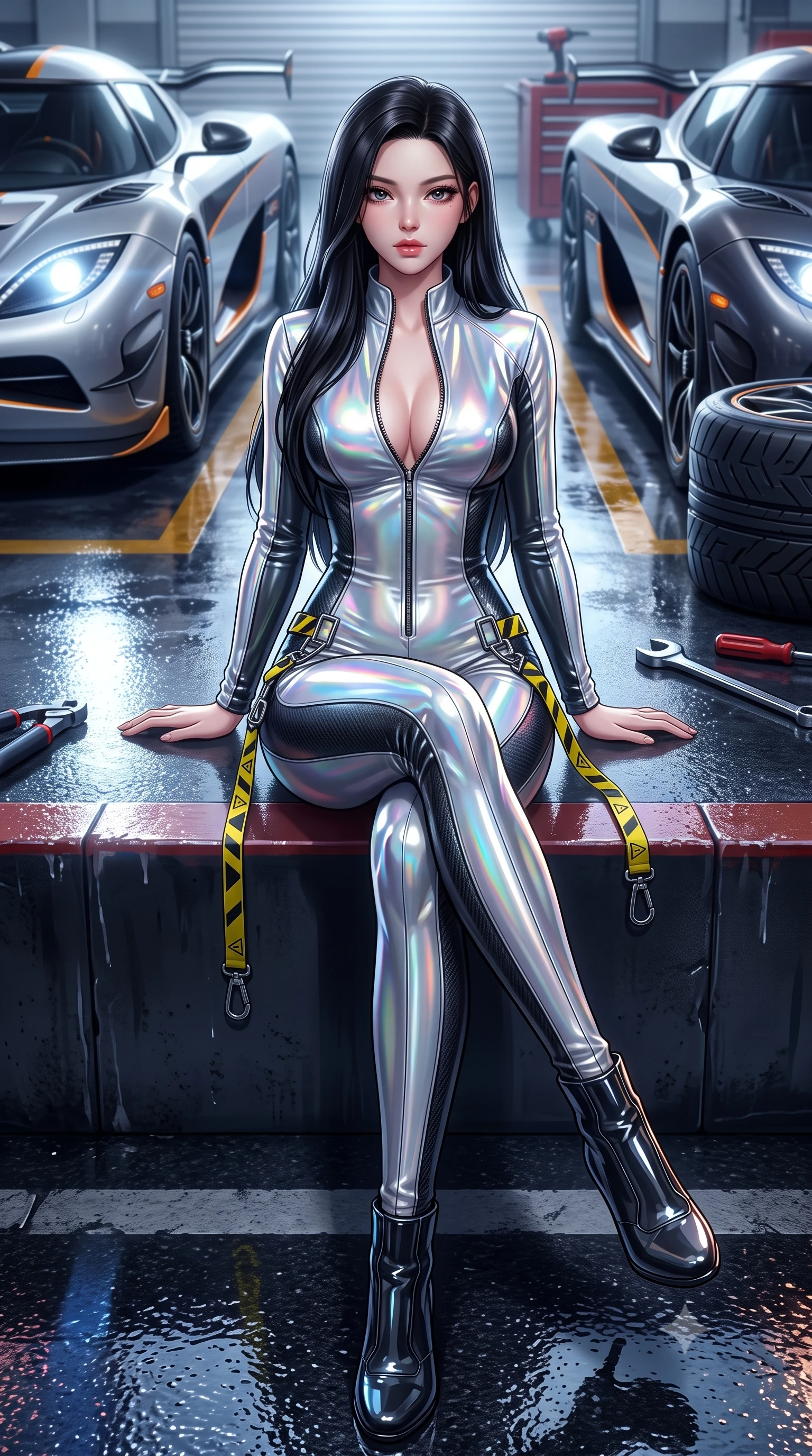 score_9, masterpiece, best quality, ultra-detailed, high-budget anime keyframe, semi-realistic 3D game render, editorial fashion photography, tasteful artistic composition, Korean woman. low angle full-body shot from head to toe showing her feet, filling the entire 9:16 vertical frame with her statuesque presence, stretching her vertical silhouette. sitting poised on the elevated edge with legs crossed and extended, her tall 8.5-heads proportions dominating the scene with effortless poise while striding dynamically along the wet pitlane pavement as incoming headlights cast long, cinematic specular reflections. The surrounding environment is rendered in vivid detail and crisp panoramic clarity. sharp carbon-fiber weave textures, polished hypercar body reflections, and tire tread grooves in deep focus. She has an absolutely perfect, statuesque 8.5-heads proportion, an exceptionally tall and slender model-like female figure with impossibly long slender legs, a toned flat midriff, and an ultra-slim waist. sharp v-shaped jawline, high-bridge nose, intricate jewel-like eyes with depth, thick eyelashes, glossy parted lips with a natural sheen, intensely captivating and seductive expression, flawlessly proportioned anatomical accuracy, strict slender model proportions, natural body alignment, perfectly sculpted long slender limbs, ultra-slim waistline, clean dynamic posture without body distortion. wearing a high-gloss patent leather racing catsuit with an open front zipper and high stand collar in holographic silver prism and deep graphite, tailored from supple second-skin lambskin leather adhering to her curves, finished with high-visibility hazard warning tape details and carabiner clips, the liquid-tight tailored fabric emphasizing every curve of her tall, slender model proportions and sculptured silhouette. illuminated by wet specular asphalt bounce lights sculpting her toned midriff, slender waist, and long legs. highly saturated vibrant anime colors, detailed shading with soft gradients, rich glossy textures, high-contrast stereoscopic depth, volumetric dynamic lighting, master piece, 9:16 ratio