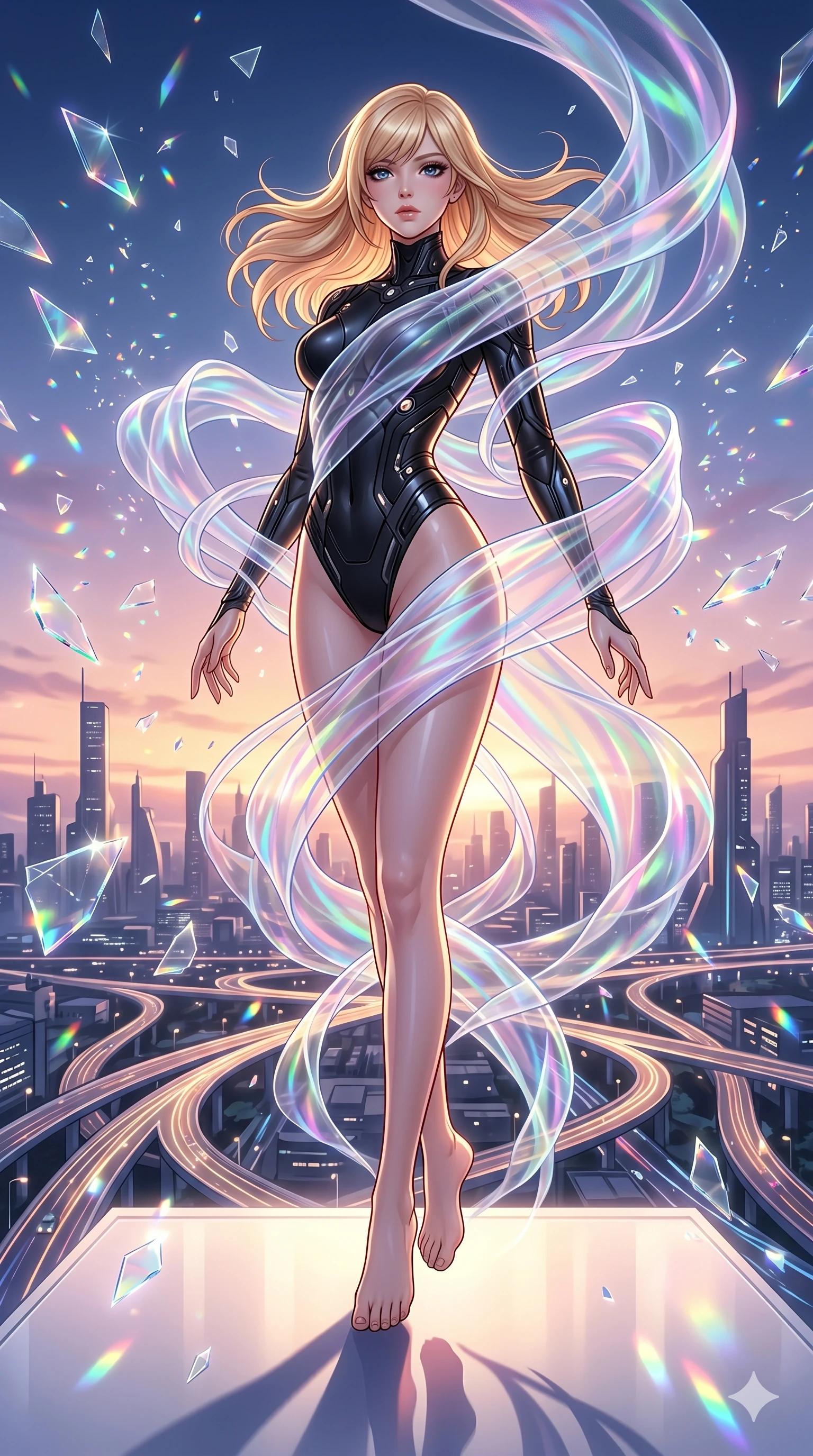 score_9, masterpiece, best quality, ultra-detailed, high-budget anime keyframe, editorial fashion photography, tasteful artistic composition, Caucasian woman, strictly human ears. low angle full-body shot from head to toe showing her feet, filling the entire 9:16 vertical frame with her statuesque presence, stretching her vertical silhouette. swirling in a vortex of on a levitating highway made of pure light bands above a futuristic metropolis as floating shattered glass shards refract light like tiny prisms. She has an absolutely perfect 8-heads proportion, an exceptionally tall and slender female figure with impossibly long slender legs and an ultra-slim waist. V-shaped jawline, high-bridge nose, intricate jewel-like eyes with depth, thick eyelashes, glossy lips with a natural sheen.. wearing a cybernetic bodysuit with a holographic ribbon, featuring a sculpted sleek black performance bodysuit wrapped in a translucent flowing holographic organza ribbon. under a magical twilight glow casting long dramatic shadows across the clean floor. 2k, ultra detail, master piece, 9:16 ratio