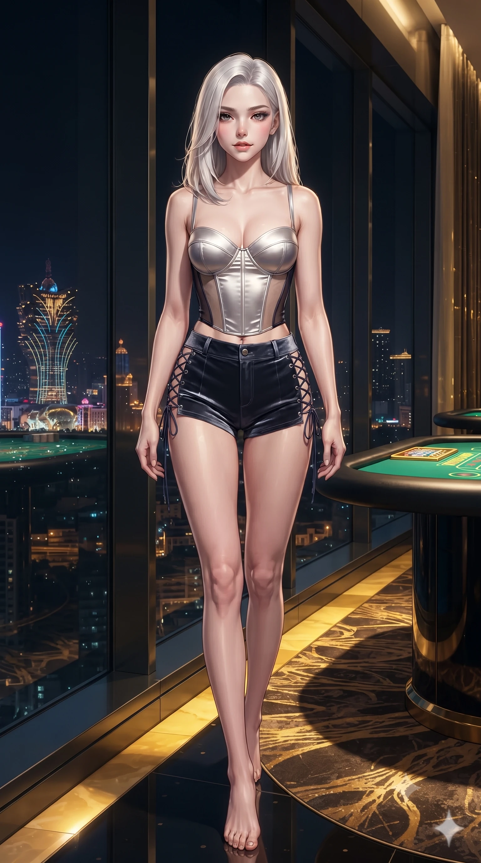score_9, masterpiece, best quality, ultra-detailed, high-budget anime keyframe, editorial fashion photography, tasteful artistic composition, Korean woman. low angle full-body shot from head to toe showing her feet, filling the entire 9:16 vertical frame with her statuesque presence, stretching her vertical silhouette. stepping slowly toward the camera with hypnotic grace, hips swaying in an alluring sensual rhythm that accentuates her curvy hourglass silhouette and long slender legs while standing poised beside the floor-to-ceiling glass wall overlooking Macau lights with hips cocked back, casting a smoldering, dangerous half-smile. The surrounding environment is rendered in vivid detail and crisp panoramic clarity: sharp holographic laser emitter facets, polished black lacquer table trim, and heavyweight ceramic casino chip stacking ridges in deep focus. She has an absolutely perfect, statuesque 8.5-heads proportion, an exceptionally tall and slender model-like female figure with impossibly long slender legs, an ultra-slim waist, a flat toned midriff, narrow delicate ribcage, and beautifully sculpted feminine hips creating a graceful, slim hourglass silhouette without any bulky heaviness. sharp v-shaped jawline, high-bridge nose, sparkling eyes with hypnotic seductive depth, thick curled eyelashes, glossy parted lips with a natural dewy peach sheen, alluring bedroom-eyes with an enchanting coquettish smile, exuding magnetic siren charisma and sophisticated glamour, flawlessly proportioned anatomical accuracy, strict slender model proportions, natural body alignment, perfectly sculpted long slender limbs, ultra-slim waistline, clean dynamic posture without body distortion. wearing a structured boned satin corset bodice with sheer illusion side panels paired with low-waisted tailored micro-shorts in molten liquid platinum and midnight charcoal with sapphire reflections, tailored from ultra-plush velvet with rich tactile depth and deep shadow gradients, featuring fine criss-cross lace-up side ties revealing tantalizing glimpses of her hip curve, the second-skin tailored fabric adhering flawlessly to her sculpted flat midriff and slender torso, emphasizing her long leg lines and perfectly proportioned willowy build. bathed in intense gold and emerald illumination radiating from under-lit gaming tables. ultra-reflective glossy finish, specular highlights, rich textural contrasts, high-contrast stereoscopic depth, volumetric dynamic lighting, 2k, ultra detail, master piece, 9:16 ratio