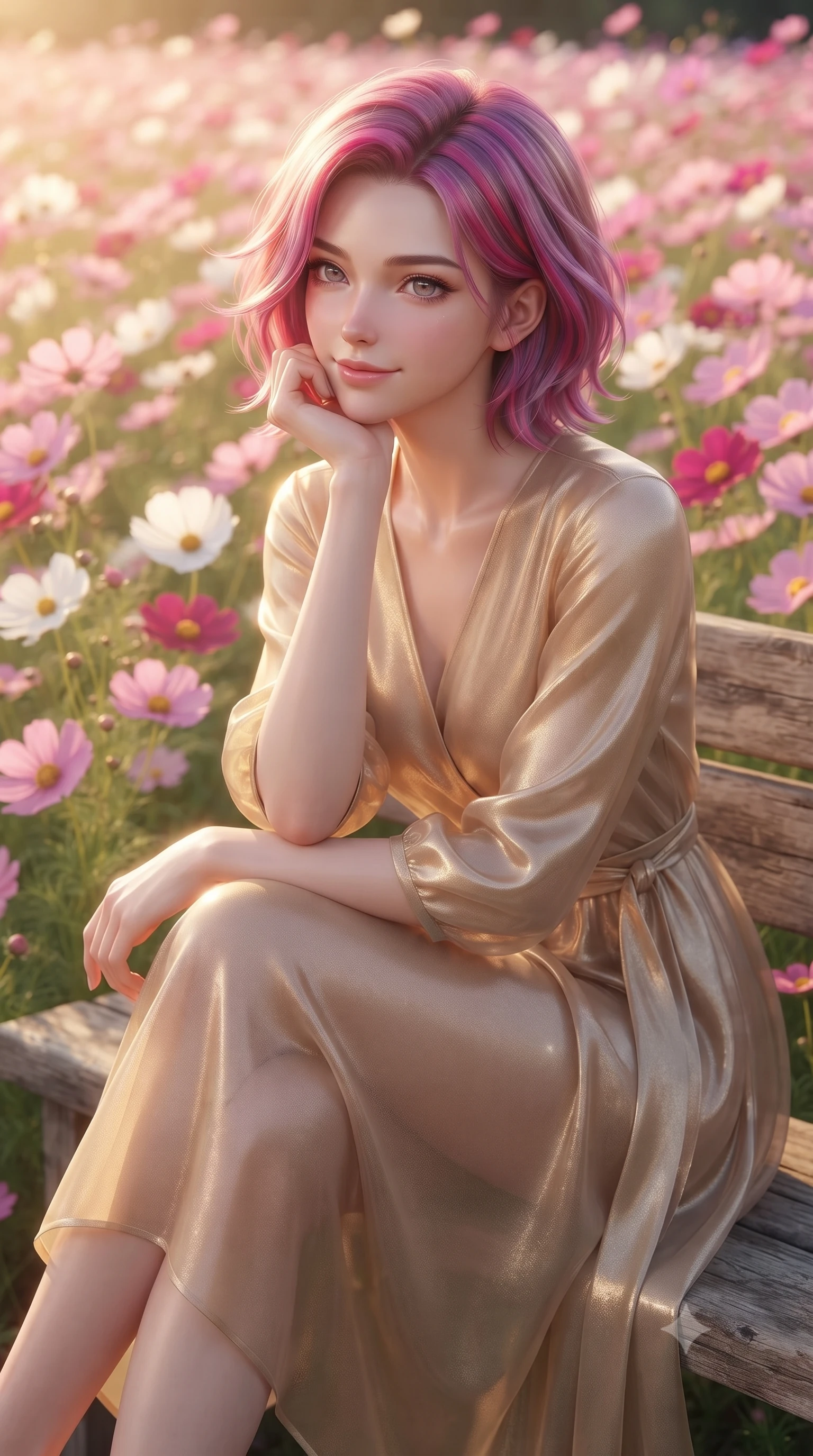 score_9, masterpiece, best quality, ultra-detailed, high-budget anime keyframe, editorial fashion photography, tasteful artistic composition, Caucasian woman woman. close-up cowboy shot from the waist and thighs up, the character dominates the composition, filling the frame with her large presence, background elements kept in soft focus. resting her chin on her hand, looking out at the beautiful scenery with a soft smile the background shows a soft-focus a vast field of pink and white cosmos flowers swaying in the gentle wind. She has an exceptionally elegant, slender, and willowy female figure with an ultra-slim waist, a gracefully sculpted slender torso, and a refined silhouette. sharp v-shaped jawline, high-bridge nose, intricate jewel-like eyes with depth, thick eyelashes, glossy lips with a natural sheen. wearing a form-contouring semi-transparent chiffon wrap dress in champagne gold, showing a glimpse of her waist. warm afternoon sun rays coloring the cosmos petals in vibrant tones. ultra-reflective glossy finish, specular highlights, metallic sheen, high-contrast stereoscopic depth, volumetric dynamic lighting, 2k, ultra detail, master piece, 9:16 ratio