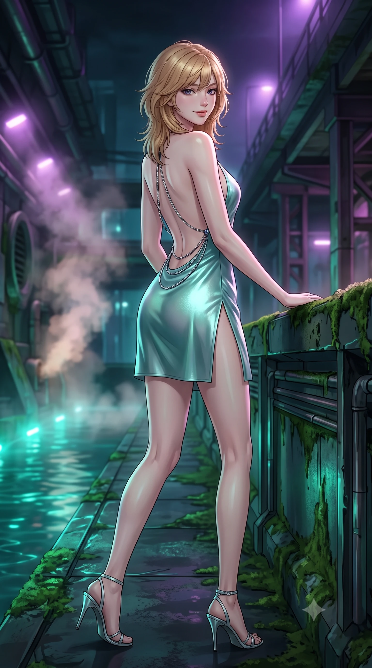 score_9, masterpiece, best quality, ultra-detailed, high-budget anime keyframe, semi-realistic 3D game render, editorial fashion photography, tasteful artistic composition, Korean woman. low angle full-body shot from head to toe showing her feet, filling the entire 9:16 vertical frame with her statuesque presence, stretching her vertical silhouette. walking along the terrace with poise, looking back over her bare shoulder with an irresistible smoldering bedroom-gaze while leaning against the moss-covered cybernetic embankment with hips cocked back, looking upstream through rising steam plumes with heavy-lidded bedroom-eyes. The background shows a soft-focus swirling warm steam from canal vents softened in subterranean urban waterway shallow focus. She has an exceptionally tall and slender model-like 8.5-heads proportion, an ultra-slim waist, a flat toned midriff, narrow delicate ribcage, and beautifully sculpted feminine hips creating a graceful, slim hourglass silhouette without any bulky heaviness, with impossibly long slender legs. sharp v-shaped jawline, high-bridge nose, intricate jewel-like sparkling eyes with depth, thick eyelashes, glossy parted lips with a natural peach sheen, bright cheerful beaming smile with an enchanting and coquettish sensual glint, exuding both youthful cute charm and seductive allure, flawlessly proportioned anatomical accuracy, strict slender model proportions, natural body alignment, perfectly sculpted long slender limbs, ultra-slim waistline, clean dynamic posture without body distortion. wearing an alluring backless metallic lamé halterneck mini dress with deep scoop back down to her lower spine in polar aurora jade and starlight platinum, crafted from fluid liquid silk satin that clings smoothly to her narrow waist and rounded hips with a dewy sheen, accented with an open-back drape framed by falling strands of delicate chrome chains, the high-slit wrap tailoring accentuating her ultra-slim waistline and the enchanting curve of her feminine hips with alluring seductive charm. bathed in vivid emerald-cyan underwater LEDs combined with ambient violet floodlights from the highway bridges. highly saturated vibrant anime colors, detailed shading with soft gradients, rich glossy textures, high-contrast stereoscopic depth, volumetric dynamic lighting, master piece, 9:16 ratio