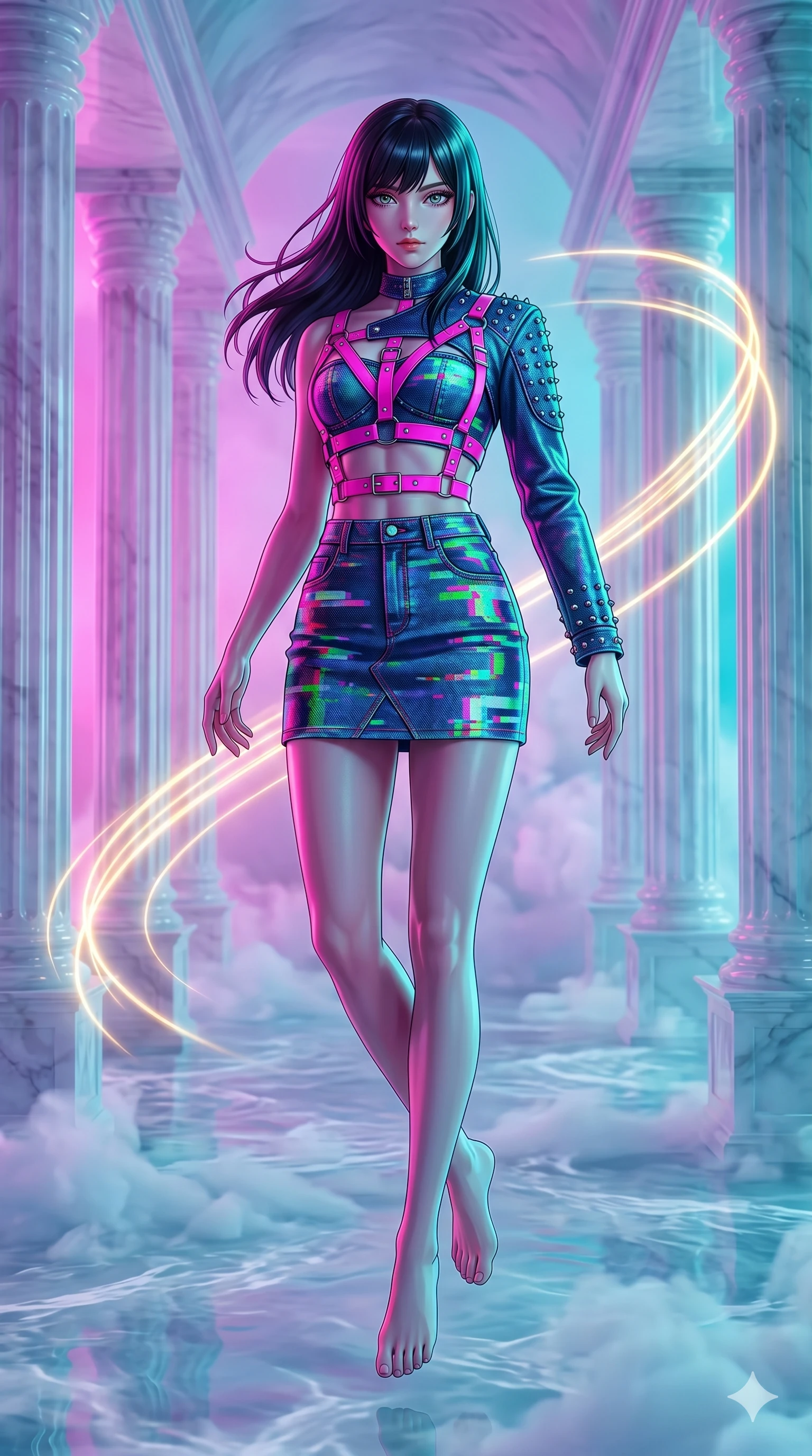 score_9, masterpiece, best quality, ultra-detailed, high-budget anime keyframe, editorial fashion photography, tasteful artistic composition, Caucasian woman, strictly human ears. upper body close-up from the thighs up, character filling the screen for maximum presence. floating suspended above through a mirage cloud cathedral of translucent marble and water mist as trails of golden light follow her dynamic movement. She has an absolutely perfect 8-heads proportion, an exceptionally tall and slender female figure with impossibly long slender legs and an ultra-slim waist. V-shaped jawline, high-bridge nose, intricate jewel-like eyes with depth, thick eyelashes, glossy lips with a natural sheen.. wearing a glitch denim and studded leather outfit, featuring an RGB glitch pattern denim structured mini-skirt, a single-sleeve cropped leather jacket, and neon pink harness straps. lit by intense neon pink and turquoise dual-tone backlighting, creating a futuristic mood. 2k, ultra detail, master piece, 9:16 ratio