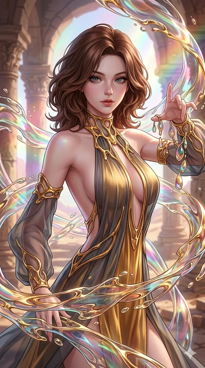 score_9, masterpiece, best quality, ultra-detailed, high-budget anime keyframe, Korean woman. upper body close-up from the thighs up, character filling the screen for maximum presence. interacting with liquid stained-glass that melts and swirls in mi