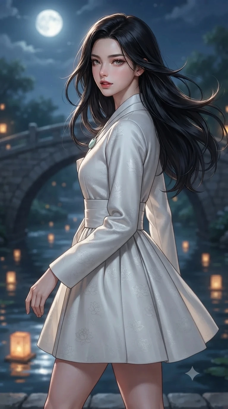 score_9, masterpiece, best quality, ultra-detailed, high-budget anime keyframe, editorial fashion photography, tasteful artistic composition, Korean woman. close-up cowboy shot from the waist and thighs up, the character dominates the composition, filling the frame with her large presence. turning slowly with an enchanting smoldering smile, her glossy hair tossing in the breeze as her hips angle gracefully in a captivating contrapposto while stepping gracefully over the arched stone crest, glancing back over a bare shoulder with an irresistible smoldering bedroom-gaze. The background shows a soft-focus historic arched stone bridge softened in idyllic nocturnal river shallow focus. She has an exceptionally elegant, slender, and willowy female figure with an ultra-slim waist, flat toned midriff, narrow ribcage, and sculpted feminine hips creating an alluring, slim hourglass silhouette without bulk. sharp v-shaped jawline, high-bridge nose, sparkling eyes with hypnotic seductive depth, thick curled eyelashes, glossy parted lips with a natural dewy peach sheen, alluring bedroom-eyes with an enchanting coquettish smile, exuding magnetic siren charisma and sophisticated glamour, flawlessly proportioned anatomical accuracy, strict slender model proportions, natural body alignment, perfectly sculpted long slender limbs, ultra-slim waistline, clean dynamic posture without body distortion. wearing a structured minimalist hanbok wrap coat dress with clean geometric lines and a wide formal sash in celestial pearl white and moonlight platinum, tailored from rich silk jacquard with subtle embossed lotus blossom patterns, finished with a minimalist celadon porcelain pendant on a fine silk cord, the bespoke structured tailoring following the natural line of her 8.5-heads silhouette with refined elegance. bathed in radiant celestial moonlight combined with floating candle lantern glows from the stream. ultra-reflective glossy finish, specular highlights, rich textural contrasts, high-contrast stereoscopic depth, volumetric dynamic lighting, 2k, ultra detail, master piece, 9:16 ratio