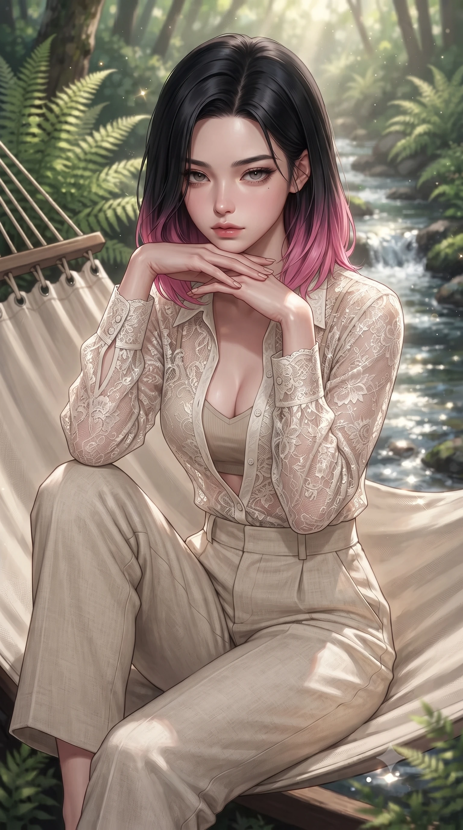 score_9, masterpiece, best quality, ultra-detailed, high-budget anime keyframe, editorial fashion photography, tasteful artistic composition, Korean woman. close-up cowboy shot from the waist and thighs up, the character dominates the composition, filling the frame with her large presence, background elements kept in soft focus. resting her chin on the backs of her fingers, casting a heavy-lidded, sultry look past the camera the background shows a soft-focus a cozy hammock lounge surrounded by tall ferns and a bubbling forest stream. She has an exceptionally elegant, slender, and willowy female figure with an ultra-slim waist, a gracefully sculpted slender torso, and a refined silhouette. sharp v-shaped jawline, high-bridge nose, intricate jewel-like eyes with depth, thick eyelashes, glossy lips with a natural sheen. wearing a tailored sheer lace blouse in ivory white, worn over a simple beige bralette and high-waisted linen trousers. dappled sunbeams reflecting off the moving water surface onto her form. ultra-reflective glossy finish, specular highlights, metallic sheen, high-contrast stereoscopic depth, volumetric dynamic lighting, 2k, ultra detail, master piece, 9:16 ratio