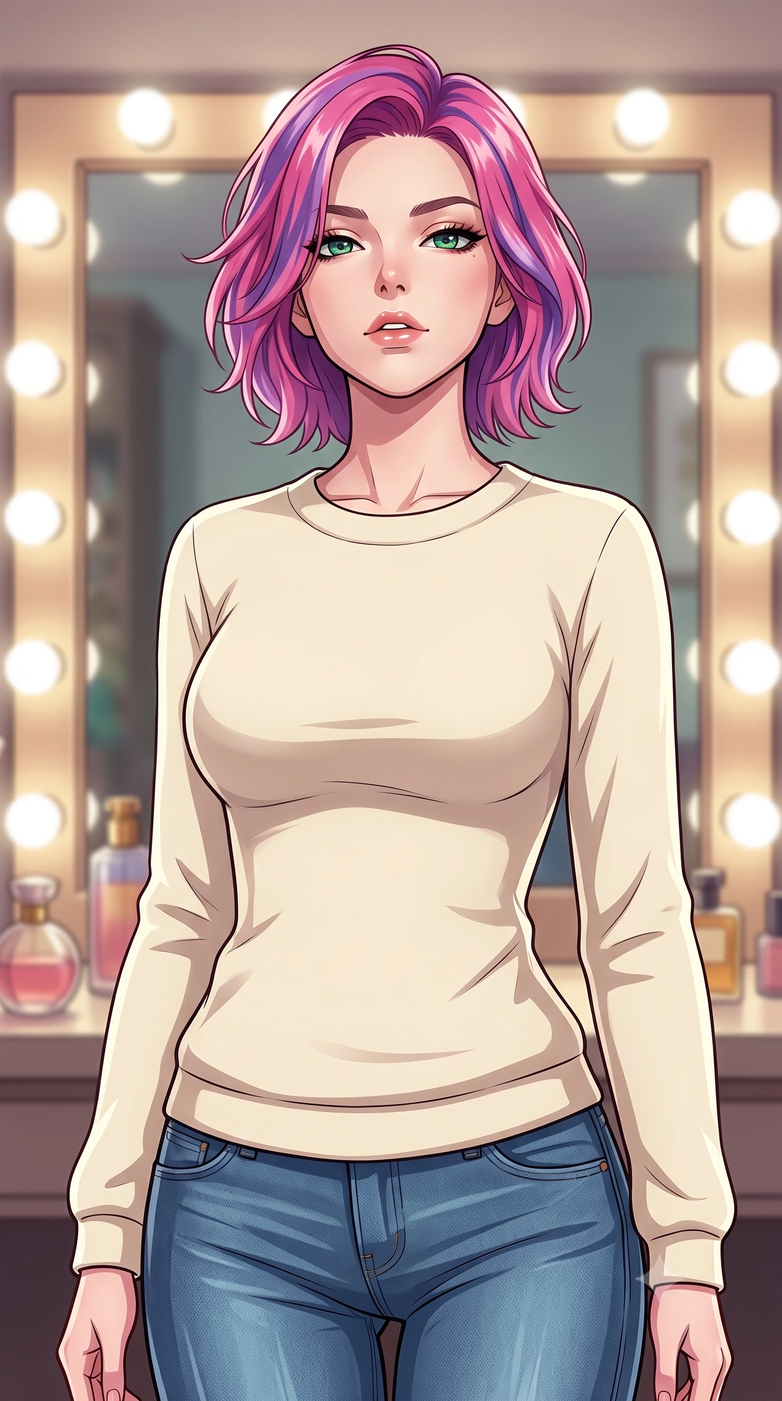score_9, masterpiece, best quality, ultra-detailed, high-budget anime keyframe, tasteful artistic composition, Caucasian woman. close-up cowboy shot from the waist and thighs up, the character dominates the composition, filling the frame with her large presence, background elements kept in soft focus. tilting her chin up slightly with lips parted in a composed, provocative expression the background shows a soft-focus a vintage dressing vanity room with a large mirror bordered by round lightbulbs. She has an exceptionally elegant, slender, and willowy female figure with an ultra-slim waist, a gracefully sculpted slender torso, and a refined silhouette. sharp v-shaped jawline, high-bridge nose, intricate jewel-like eyes with depth, thick eyelashes, glossy lips with a natural sheen. wearing a tailored comfortable cream fleece sweater over blue denim jeans. bright vanity spotlights casting detailed front lighting with soft back shadow. highly saturated vibrant anime colors, cel-shading, 2d style, master piece, 9:16 ratio