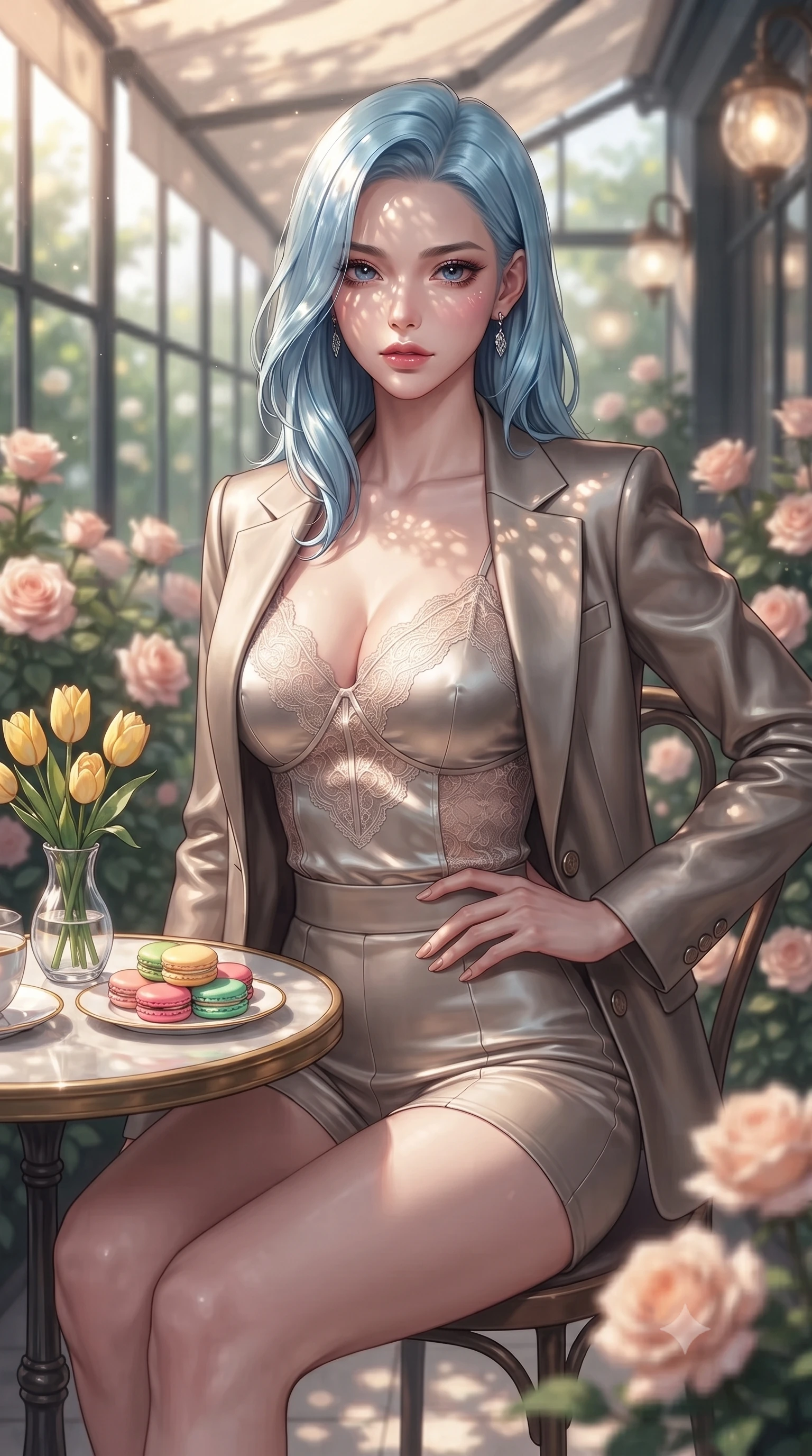 score_9, masterpiece, best quality, ultra-detailed, high-budget anime keyframe, editorial fashion photography, tasteful artistic composition, Korean woman. close-up cowboy shot from the waist and thighs up, the character dominates the composition, filling the frame with her large presence, background elements kept in soft focus. resting one hand on her waist, casting a smoldering, enticing side-gaze at the viewer set against a soft-focus background of in a quiet corner table of a glass-walled garden cafe surrounded by roses with a small vase of yellow tulips and a plate of colorful macarons on the table. She has an exceptionally elegant, slender, and willowy female figure with an ultra-slim waist, a gracefully sculpted slender torso, and a refined silhouette. sharp v-shaped jawline, high-bridge nose, intricate jewel-like eyes with depth, thick eyelashes, glossy lips with a natural sheen. wearing tailored delicate silk camisole with lace panels and a tailored blazer worn open over form-contouring shorts. dappled sunlight filtering through the outdoor awning onto her face. ultra-reflective glossy finish, specular highlights, metallic sheen, high-contrast stereoscopic depth, volumetric dynamic lighting, 2k, ultra detail, master piece, 9:16 ratio