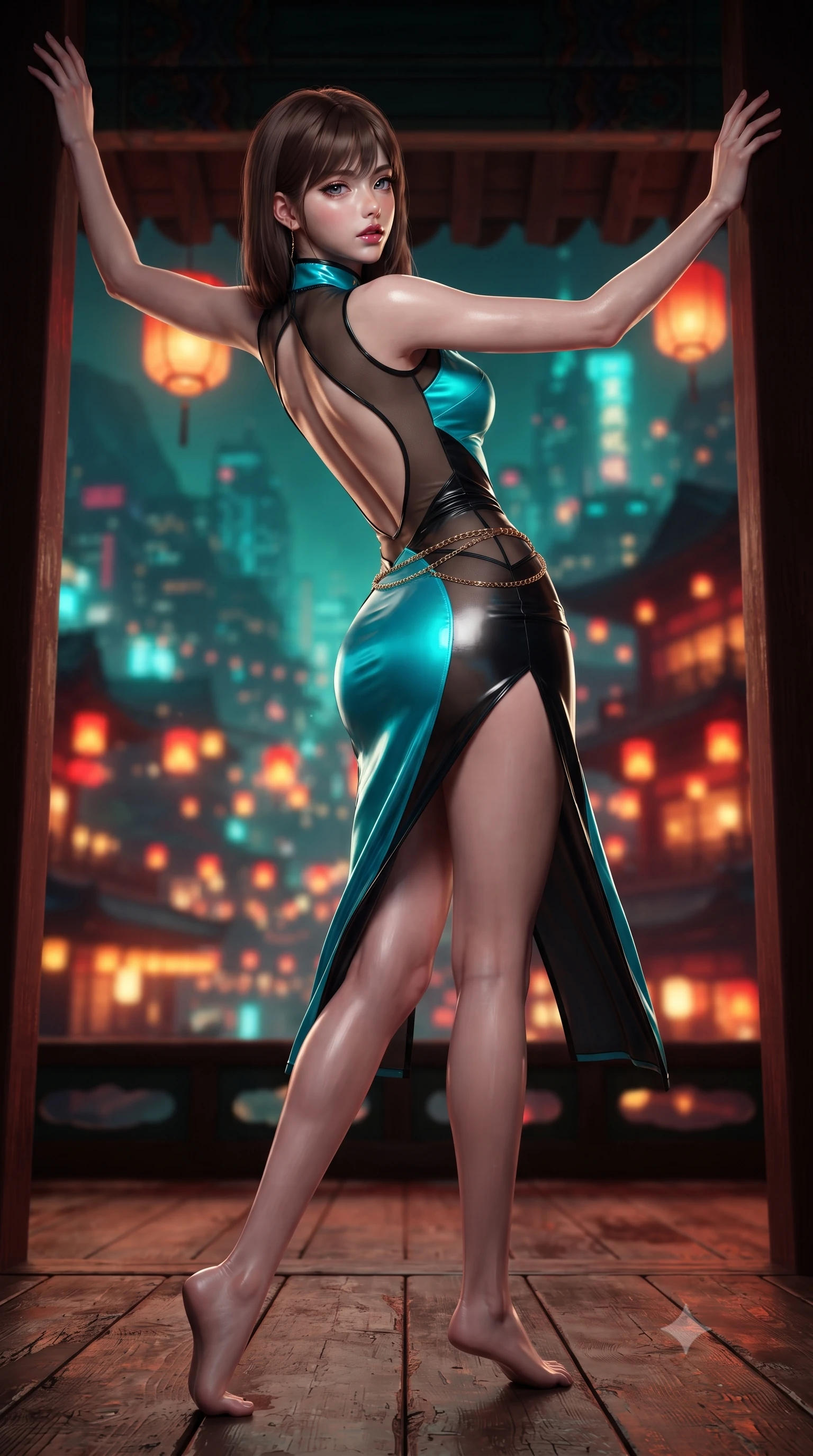 score_9, masterpiece, best quality, ultra-detailed, high-budget anime keyframe, editorial fashion photography, tasteful artistic composition, Korean woman. low angle full-body shot from head to toe showing her feet, filling the entire 9:16 vertical frame with her statuesque presence, stretching her vertical silhouette. leaning deep against the structural architecture with hips cocked in an unapologetically bold, seductive high-fashion stance while twisting her slender torso in an alluring contrapposto stance beside a traditional tea pavilion, the cybernetic mountain metropolis glowing in the emerald valley below. The composition keeps background elements in soft focus with creamy bokeh. thousands of glowing crimson and amber paper lanterns and distant neon tea houses blurred into rich scarlet, gold, and turquoise bokeh. She has an exceptionally tall and slender model-like 8.5-heads proportion, an ultra-slim waist, a flat toned midriff, narrow delicate ribcage, and beautifully sculpted feminine hips creating a graceful, slim hourglass silhouette without any bulky heaviness, with impossibly long slender legs. sharp v-shaped jawline, high-bridge nose, intricate jewel-like eyes with depth, thick eyelashes, glossy parted lips with a natural sheen, intensely captivating and seductive bedroom-eyes expression, flawlessly proportioned anatomical accuracy, strict slender model proportions, natural body alignment, perfectly sculpted long slender limbs, ultra-slim waistline, clean dynamic posture without body distortion. wearing a wet-look silk fusion wrap dress with asymmetrical sheer mesh cutouts and high Mandarin collar in neon electric cyan and lacquer black, tailored from ultra-smooth duchess satin with a pearlescent sheen, accented with a delicate gold chain belt resting loosely on her curvy hips, the dramatically scooped open back descending to the base of her spine, accentuating her razor-sharp statuesque lines and slim hourglass silhouette. illuminated by wet specular timber bounce lights sculpting her razor-sharp jawline, narrow waist, and curvy hips. ultra-reflective glossy finish, specular highlights, rich textural contrasts, high-contrast stereoscopic depth, volumetric dynamic lighting, 2k, ultra detail, master piece, 9:16 ratio