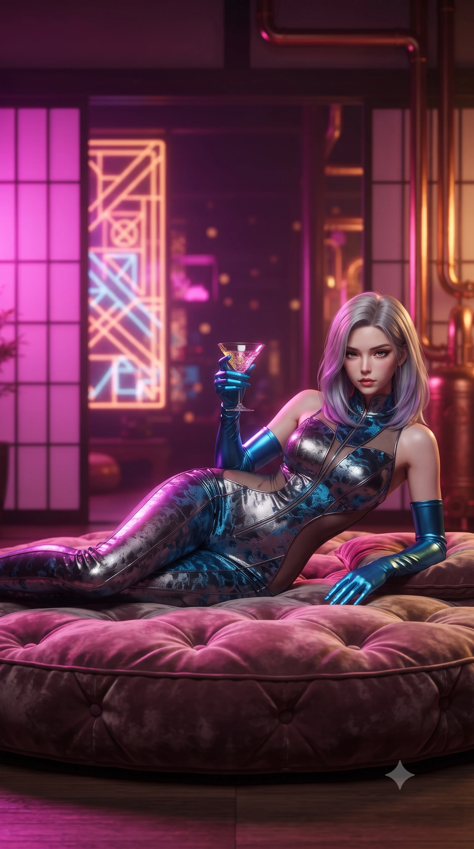 score_9, masterpiece, best quality, ultra-detailed, high-budget anime keyframe, editorial fashion photography, tasteful artistic composition, Caucasian woman. low angle full-body shot from head to toe showing her feet, filling the entire 9:16 vertical frame with her statuesque presence, stretching her vertical silhouette. striding forward in a proud supermodel runway stride, hips swaying in an alluring kinetic rhythm that accentuates her curvy hourglass silhouette while reclining languidly on a tufted velvet floor cushion propped on one elbow, her slender waist and curved hips highlighted by neon pink and amber chiaroscuro. The composition keeps background elements in soft focus with creamy bokeh. intricate glowing neon shoji screens and polished copper steam pipes blurred into hot magenta, cyber-gold, and plum bokeh. She has an exceptionally tall and slender model-like 8.5-heads proportion, an ultra-slim waist, a flat toned midriff, narrow delicate ribcage, and beautifully sculpted feminine hips creating a graceful, slim hourglass silhouette without any bulky heaviness, with impossibly long slender legs. sharp v-shaped jawline, high-bridge nose, intricate jewel-like eyes with depth, thick eyelashes, glossy parted lips with a natural sheen, intensely captivating and seductive bedroom-eyes expression, flawlessly proportioned anatomical accuracy, strict slender model proportions, natural body alignment, perfectly sculpted long slender limbs, ultra-slim waistline, clean dynamic posture without body distortion. wearing a second-skin compression catsuit with an open back and sheer mesh side waist contouring in metallic gunmetal and electric azure, crafted from heavyweight crushed silk velvet with liquid vintage luster, accessorized with opera-length satin gloves and a vintage crystal glass, the second-skin form-contouring cut accentuating her sculpted flat midriff, narrow delicate ribcage, and gracefully curvy hips with supermodel precision. bathed in vibrant magenta neon backlighting contrasting with warm amber brass furnace glow. ultra-reflective glossy finish, specular highlights, rich textural contrasts, high-contrast stereoscopic depth, volumetric dynamic lighting, 2k, ultra detail, master piece, 9:16 ratio
