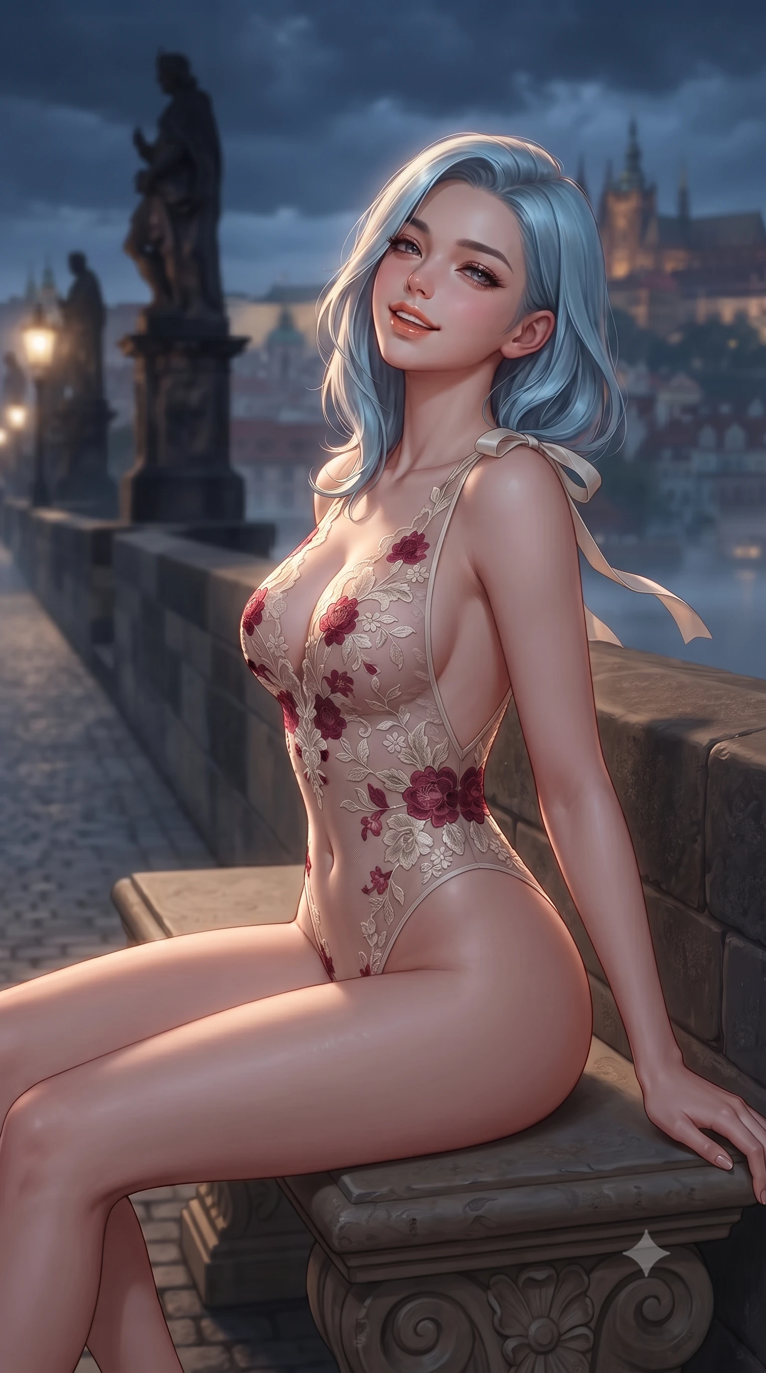 score_9, masterpiece, best quality, ultra-detailed, high-budget anime keyframe, editorial fashion photography, tasteful artistic composition, Korean woman. close-up cowboy shot from the waist and thighs up, the character dominates the composition, filling the frame with her large presence. leaning back against the balustrade with relaxed seductive grace, head tilted back slightly while casting a hypnotic, heavy-lidded gaze while sitting gracefully on the carved stone bench with legs crossed, flashing a radiant, playful smile with parted glossy lips. The background shows a soft-focus illuminated statues of the Charles Bridge spanning the misty Vltava, distant spires of St. Vitus Cathedral against midnight indigo clouds, blurred into topaz, slate, and amber bokeh. She has an exceptionally elegant, slender, and willowy female figure with an ultra-slim waist, flat toned midriff, narrow ribcage, and sculpted feminine hips creating an alluring, slim hourglass silhouette without bulk. sharp v-shaped jawline, high-bridge nose, intricate jewel-like sparkling eyes with depth, thick eyelashes, glossy parted lips with a natural peach sheen, bright cheerful beaming smile with an enchanting and coquettish sensual glint, exuding both youthful cute charm and seductive allure, flawlessly proportioned anatomical accuracy, strict slender model proportions, natural body alignment, perfectly sculpted long slender limbs, ultra-slim waistline, clean dynamic posture without body distortion. wearing an alluring backless sheer lace leotard with high-cut leg openings and delicate floral embroidery framing her spine in Belvedere ivory pearl and Habsburg bordeaux wine, woven from fine semi-opaque stretch illusion mesh tracing her slender contours, finished with satin ribbon ties at the shoulders fluttering in the gentle breeze, the liquid-tight tailored fabric clinging flawlessly to her narrow waist and rounded feminine hips, emphasizing every millimeter of her sculpted slim hourglass curves without any bulky heaviness. illuminated by stone wall bounce fill and sharp copper-gold rim lights defining her dewy collarbones, ultra-slim waist, and curvy hips. ultra-reflective glossy finish, specular highlights, rich textural contrasts, high-contrast stereoscopic depth, volumetric dynamic lighting, 2k, ultra detail, master piece, 9:16 ratio